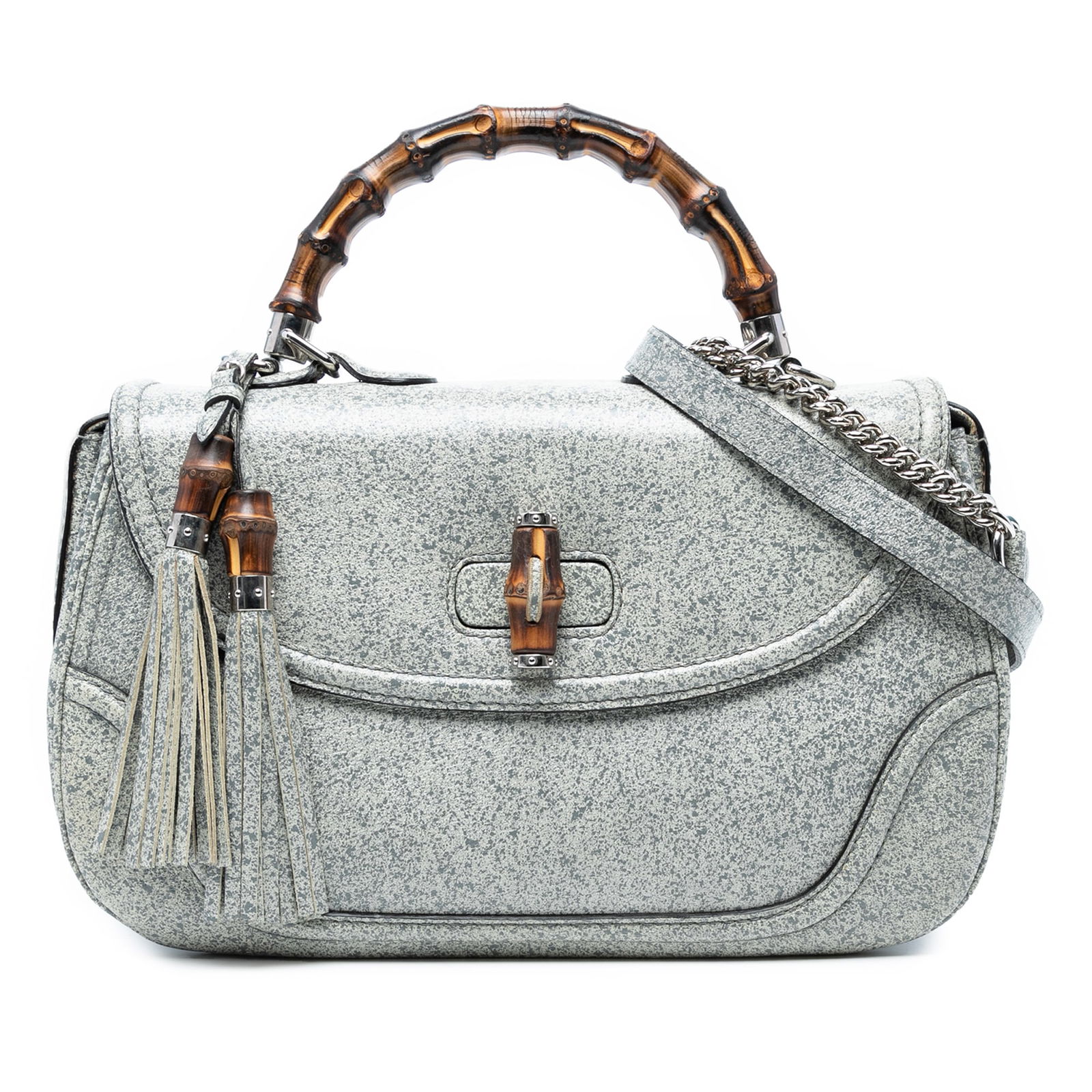 Gucci Large Speckled Leather Bamboo Top Handle Bag Gray: Gucci Large Speckled Leather Bamboo Top Handle Bag Gray This elegant Gucci Large Speckled Leather New Bamboo Top Handle Bag is a sophisticated addition to any wardrobe. Crafted from high-quality leath