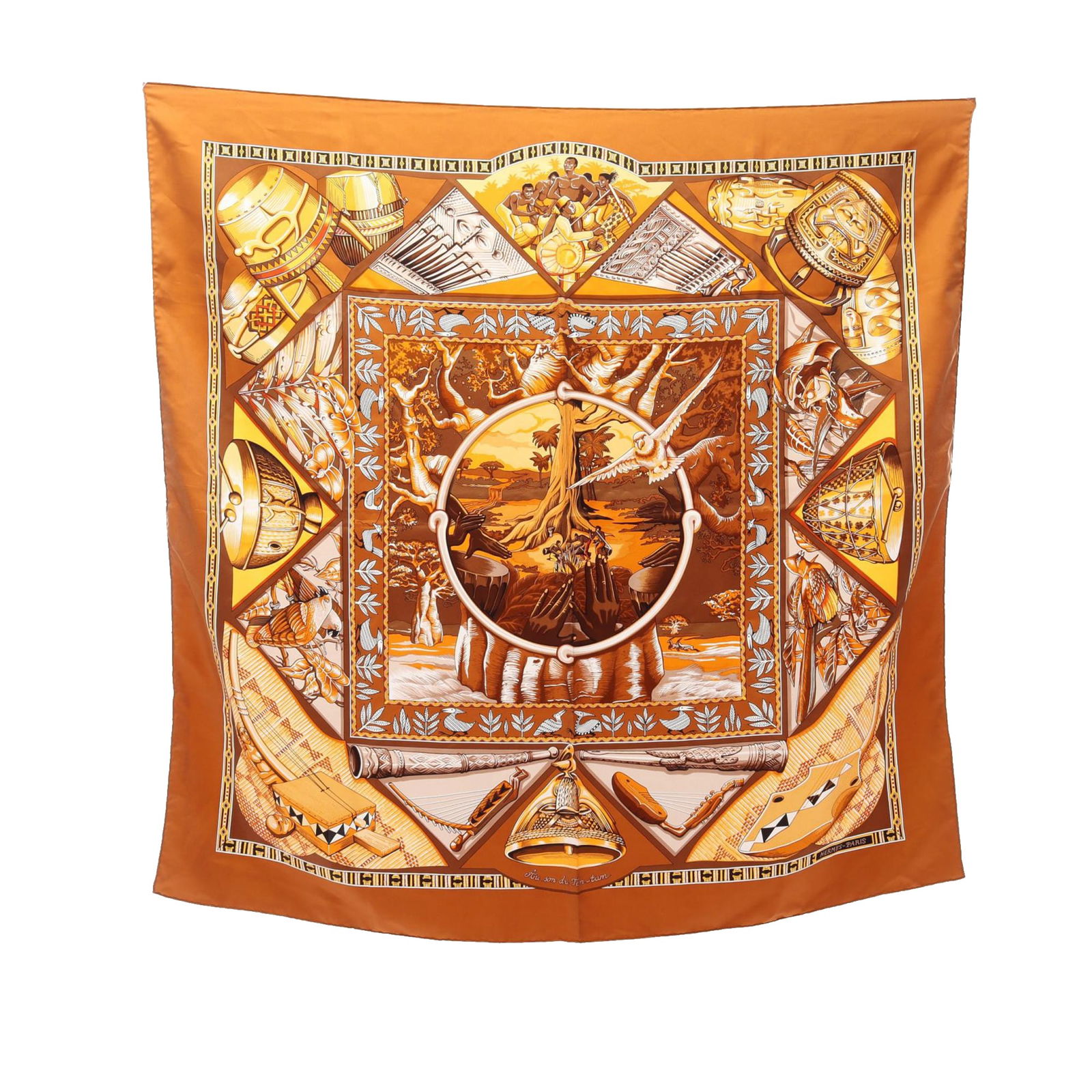 Hermes Au Son Du Tam Tam 90 Brown Silk Square Scarf (1 of 4)