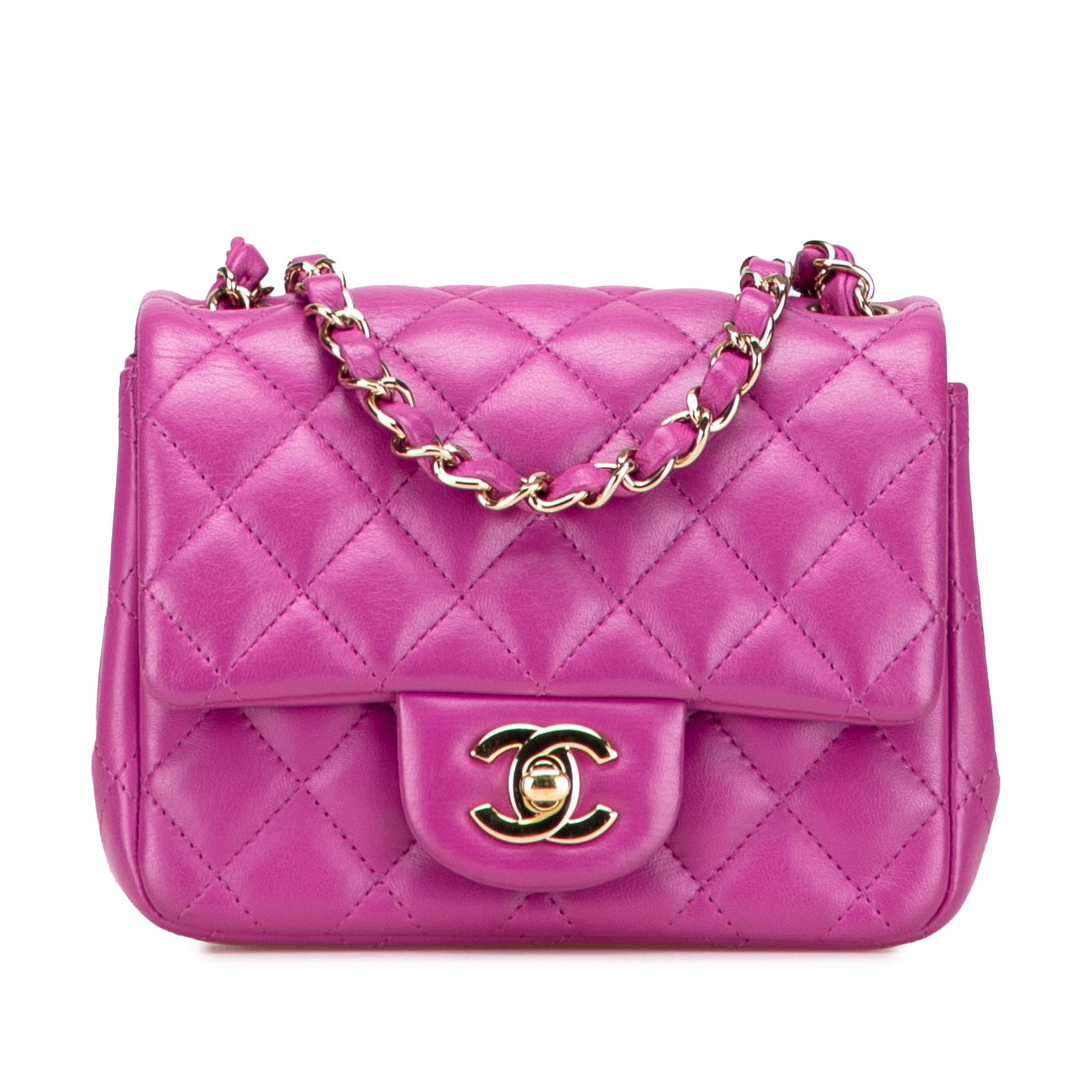 Chanel Mini Square Classic Lambskin Flap Bag Purple Italy: Chanel Mini Square Classic Lambskin Flap Bag Purple Italy This Chanel Mini Square Classic Lambskin Single Flap crossbody bag is a stylish accessory crafted from high-quality quilted lambskin leather.