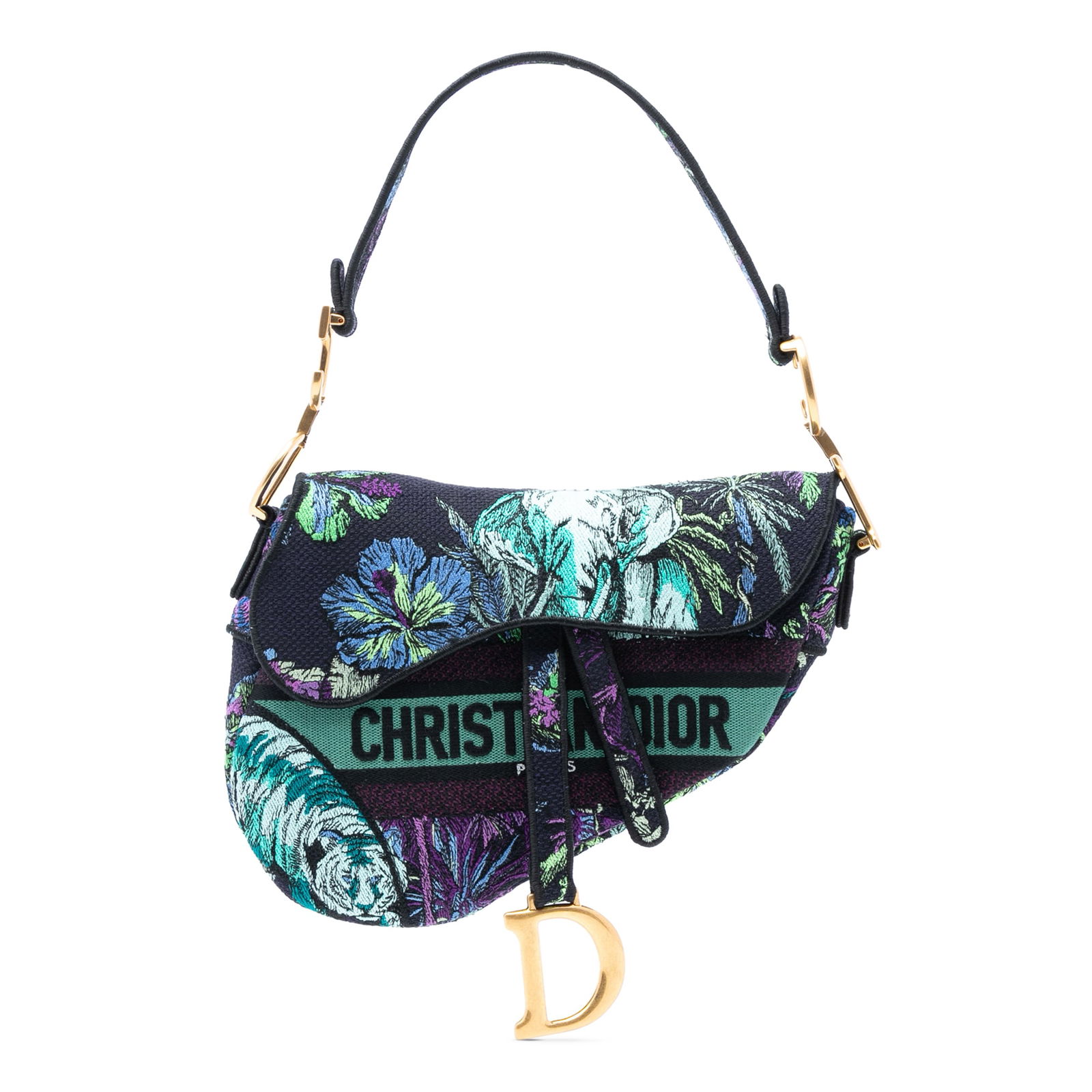 Dior Saddle Bag Blue Floral Embroidered Canvas with Leather Trim: Dior Saddle Bag Blue Floral Embroidered Canvas with Leather Trim This Dior Saddle bag showcases a blue canvas body adorned with intricate floral embroidery and complemented by leather trim. It feature