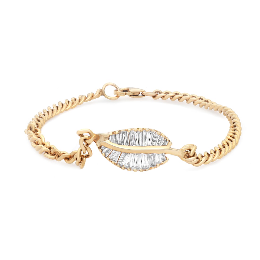 Rachel Koen 14K Yellow Gold Diamond Baguette Leaf Cuban Link Bracelet 0.35ctw: Rachel Koen 14K Yellow Gold Diamond Baguette Leaf Cuban Link Bracelet 0.35ctw This exquisite 14K Yellow Gold Cuban Link Bracelet showcases a stunning design that perfectly blends elegance and sophisti
