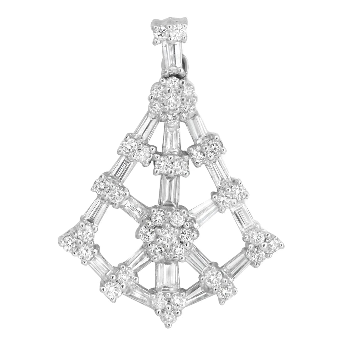 Rachel Koen 18K White Gold Diamond Pendant Baguette Round 1.25Cttw: Rachel Koen 18K White Gold Diamond Pendant Baguette Round 1.25Cttw This stunning diamond pendant showcases a delightful combination of baguette and round brilliant cut diamonds, elegantly set in lustr