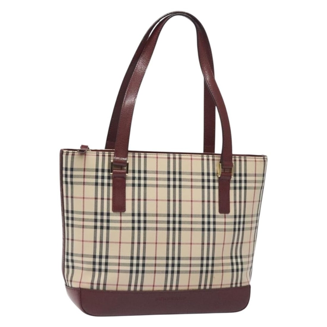 Beige Tote Bag with Nova Check Pattern by Burberry: Beige Tote Bag with Nova Check Pattern by Burberry This Burberry Nova Check tote features the iconic beige Nova Check pattern and is designed for female use. The bag shows signs of wear, including som