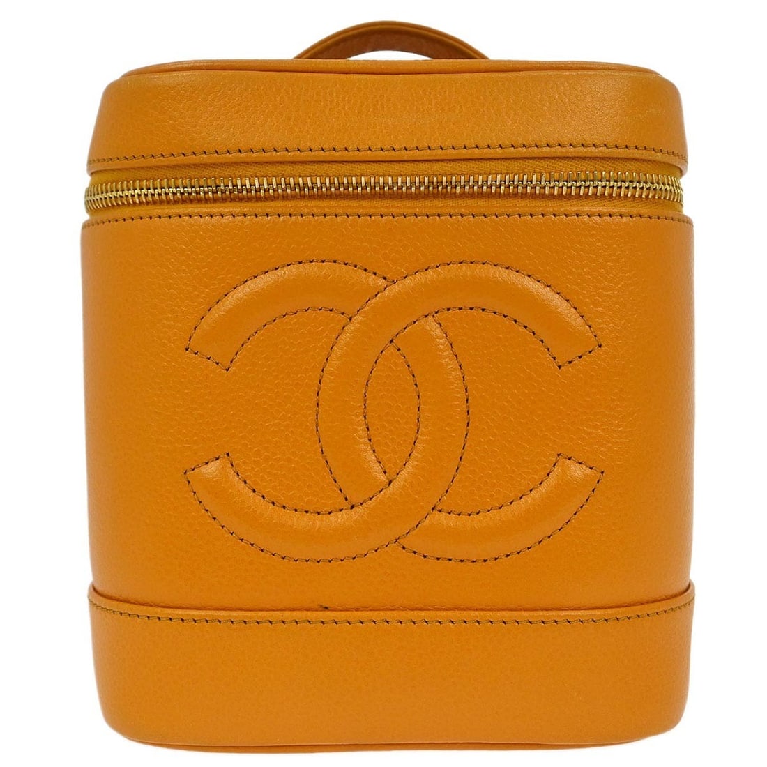 Orange Chanel Vintage Cosmetic Handbag: Orange Chanel Vintage Cosmetic Handbag This pre-owned Chanel cosmetic case features an orange exterior and is designed for women. The bag is in very good condition with some scuffs on the edges and a