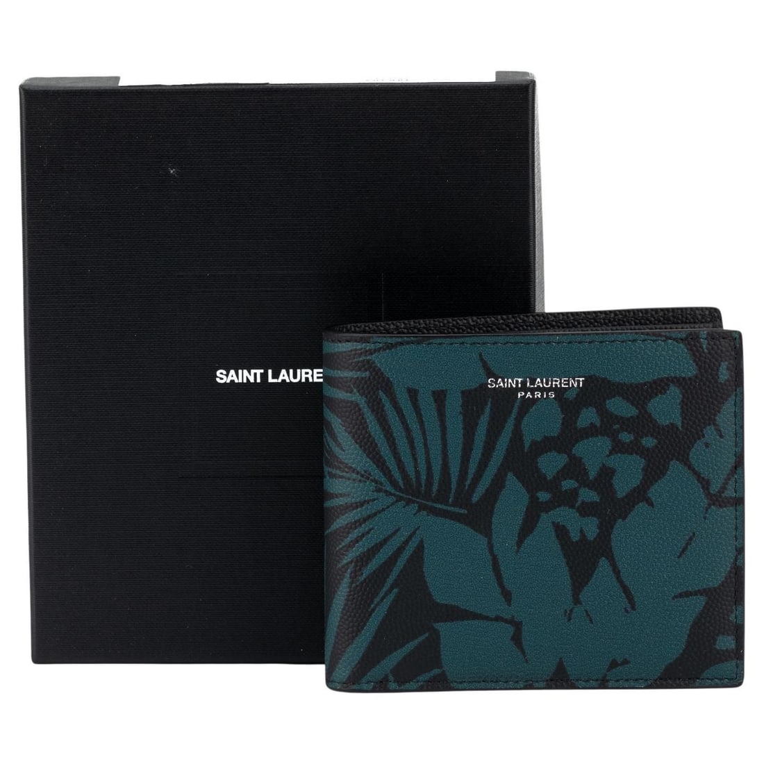 YSL New Petroleum Black Print Bifold Wallet with Box and Booklet: YSL New Petroleum Black Print Bifold Wallet with Box and Booklet Introducing the YSL New Petroleum Pint Bifold Wallet, a sophisticated accessory from Yves Saint Laurent. This wallet features a strikin