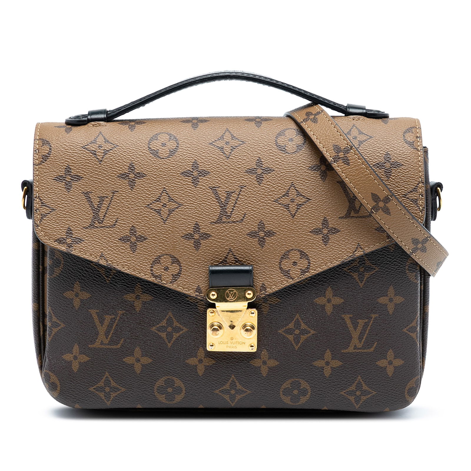 Louis Vuitton Pochette Metis Bag Monogram Reverse Canvas with Strap: Louis Vuitton Pochette Metis Bag Monogram Reverse Canvas with Strap The Louis Vuitton Monogram Reverse Pochette Metis showcases a combination of classic monogram canvas and monogram reverse canvas. It
