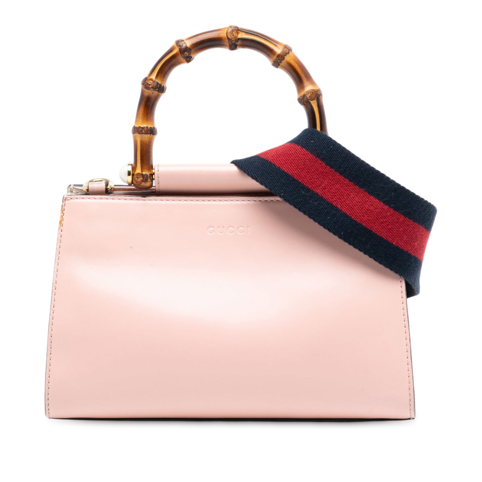 Gucci Nymphaea Mini Pink Leather Satchel with Bamboo Handle and Strap: Gucci Nymphaea Mini Pink Leather Satchel with Bamboo Handle and Strap This mini satchel features a pink leather body with a distinctive bamboo top handle and a detachable strap. The open top is secure