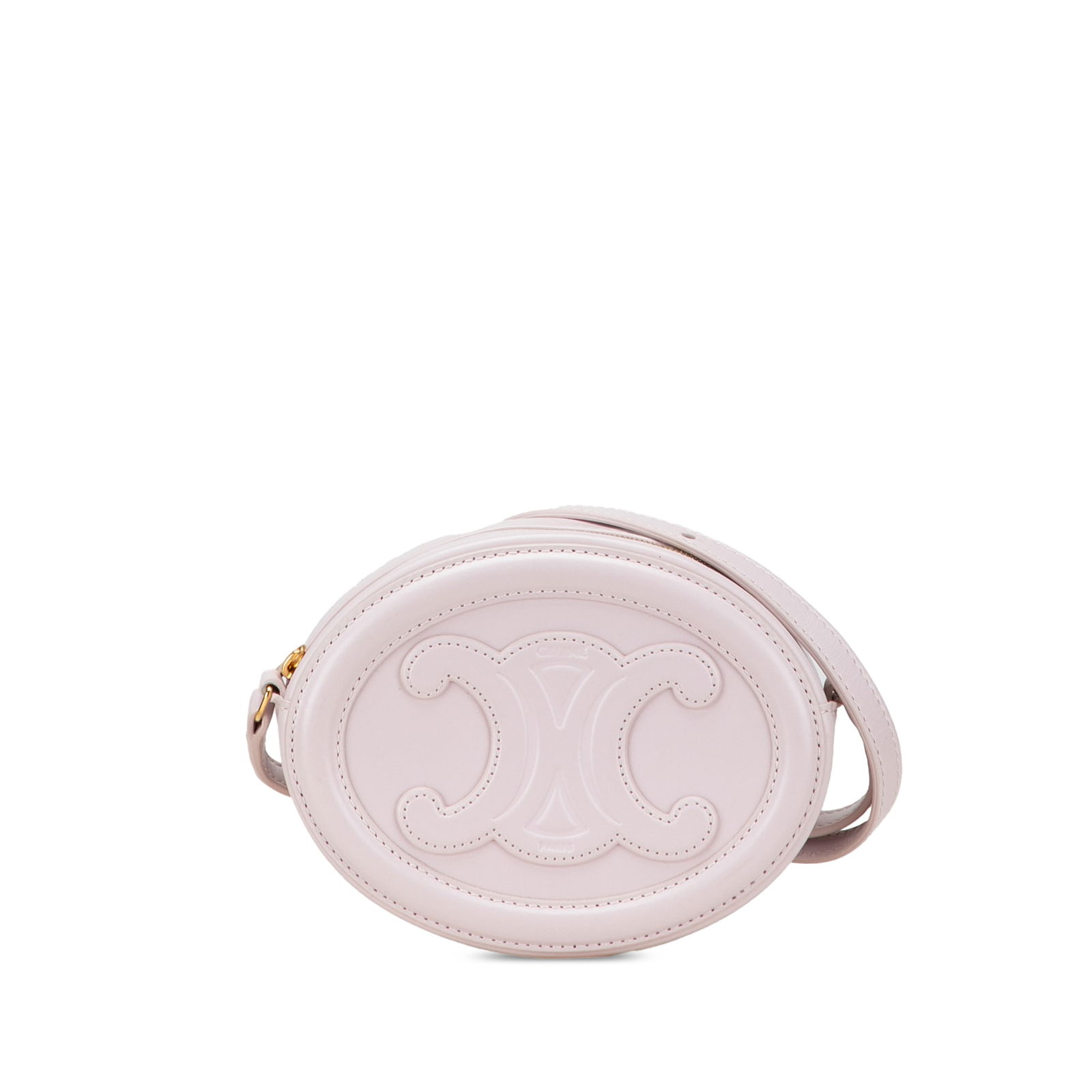 Celine Small Calfskin Triomphe Oval Pink Crossbody Bag: Celine Small Calfskin Triomphe Oval Pink Crossbody Bag Elegant and functional, this Celine Small Calfskin Cuir Triomphe Oval Crossbody bag is crafted from embossed leather, offering a chic accessory f