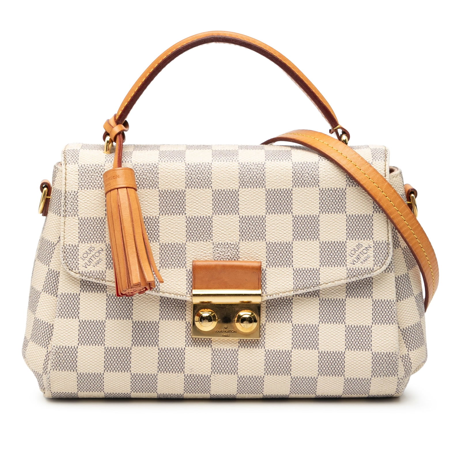 Damier Azur Croisette bag with vachetta leather trim and tassel detail: Damier Azur Croisette bag with vachetta leather trim and tassel detail The Louis Vuitton Damier Azur Croisette features a damier azur canvas body with vachetta leather trim and a vachetta leather tass