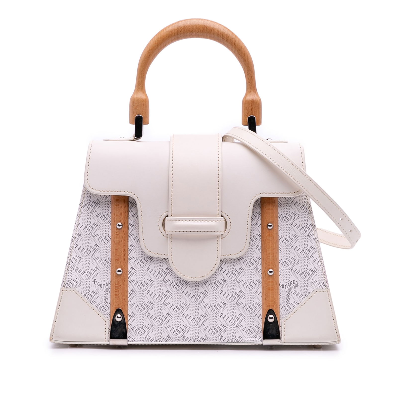 Goyard Goyardine Saigon PM White Bag with Leather Trim: Goyard Goyardine Saigon PM White Bag with Leather Trim The Goyardine Saigon Structured PM is a stylish and functional bag that showcases a coated canvas body complemented by leather trim. It features