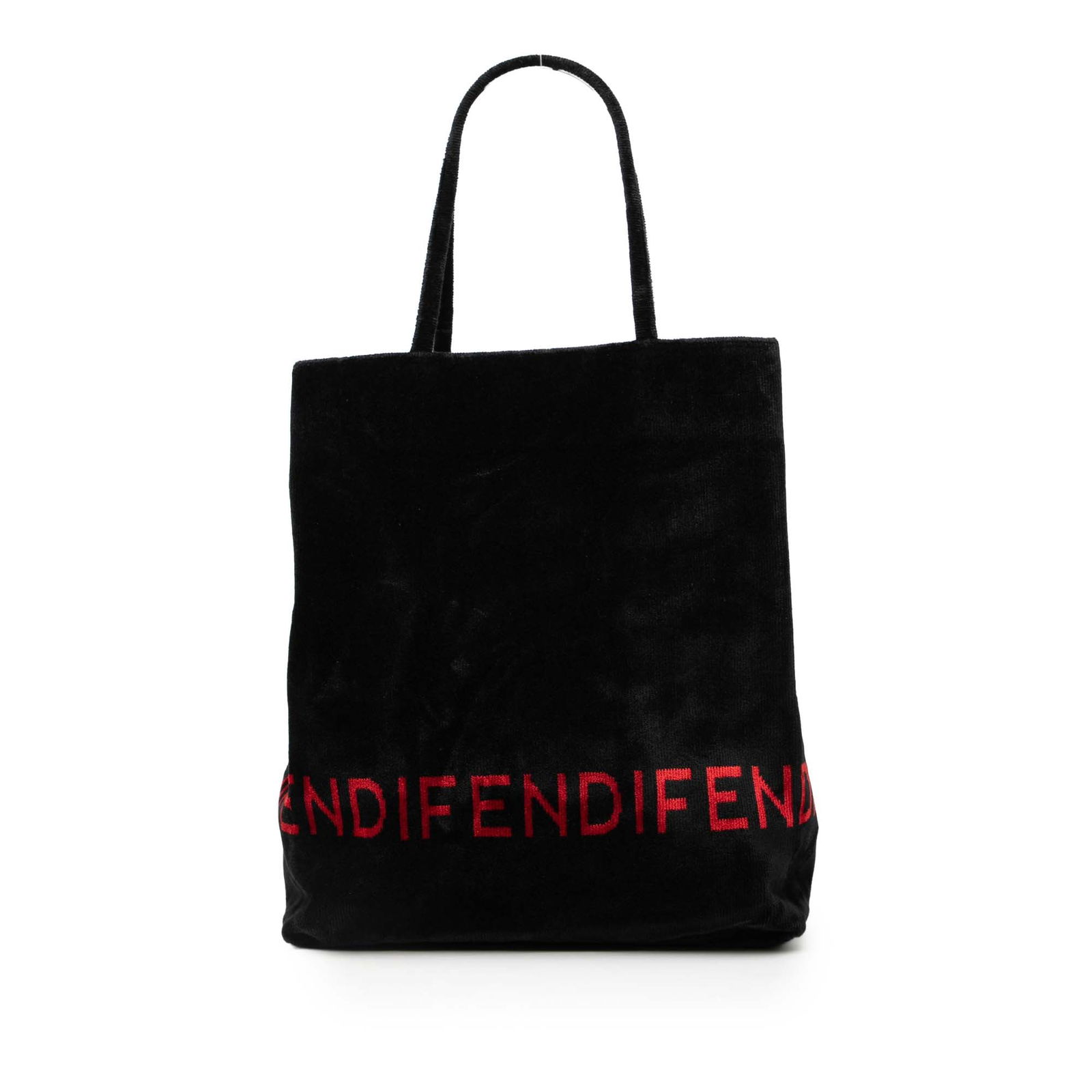 Fendi Black Velour Tote Bag with Logo Detailing: Fendi Black Velour Tote Bag with Logo Detailing This Fendi Velour Logo Tote features a black velour fabric body with flat straps, an open top, and an interior zip pocket. The bag shows signs of wear,