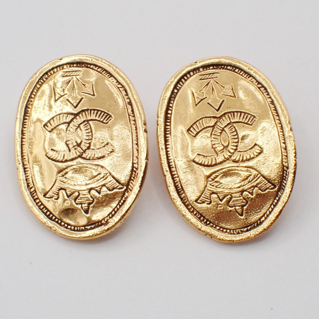 Vintage Chanel Clip-On Oval Earrings with CC Crown Gold Tone (1 of 1)