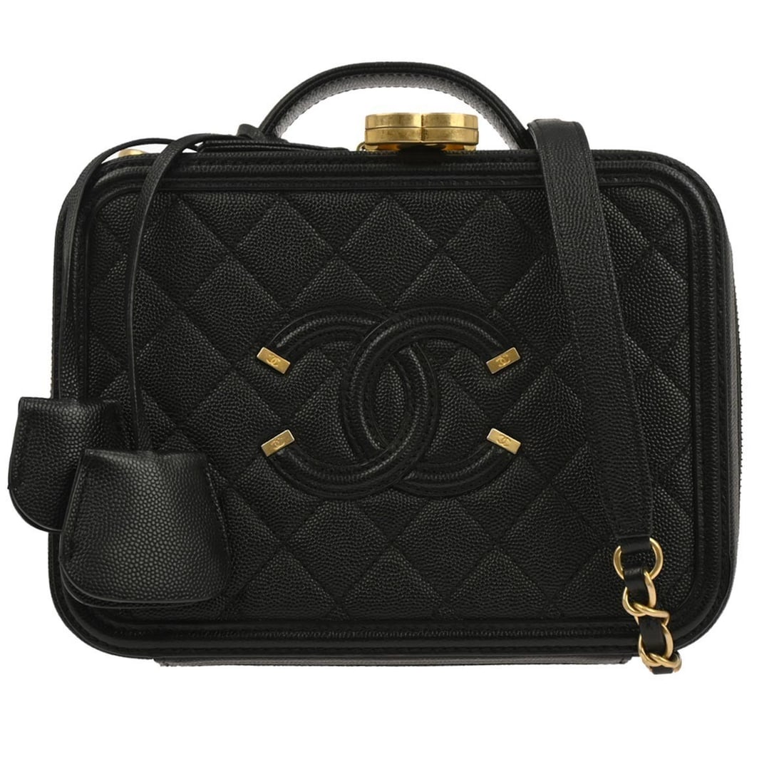 Chanel CC Filigree Black Leather Vanity Bag with Top Handle and Shoulder Strap: Chanel CC Filigree Black Leather Vanity Bag with Top Handle and Shoulder Strap This Chanel CC Filigree vanity handbag is crafted from black calfskin leather and features a top handle design. The bag s