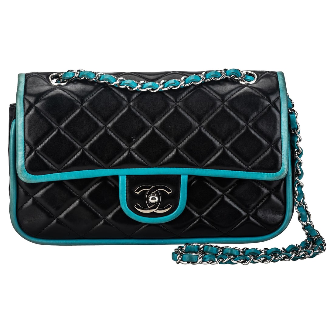 Chanel Black Turquoise Double Flap Bag Lambskin Collection 11: Chanel Black Turquoise Double Flap Bag Lambskin Collection 11 Elevate your style with this highly collectible Chanel Black Turquoise Double Flap Bag. Crafted from luxurious lambskin, this elegant bag