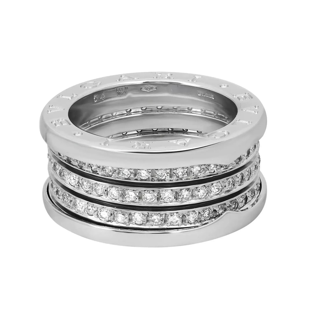 Bvlgari B.Zero1 Pave Diamond Ring 18K White Gold 54 US 6.5: Bvlgari B.Zero1 Pave Diamond Ring 18K White Gold 54 US 6.5 The Bvlgari B.Zero1 Pave Diamond Four Band Ring is a stunning piece crafted in luxurious 18K White Gold, showcasing a contemporary design wit