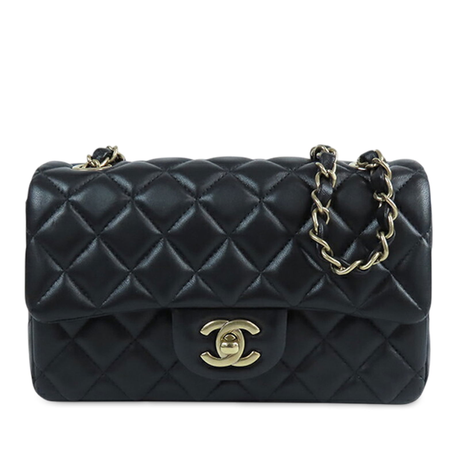 Chanel Mini Rectangular Black Lambskin Quilted Single Flap Crossbody Bag: Chanel Mini Rectangular Black Lambskin Quilted Single Flap Crossbody Bag This Chanel Mini Rectangular Classic Single Flap bag is crafted from quilted lambskin leather in black. It features a leather-w