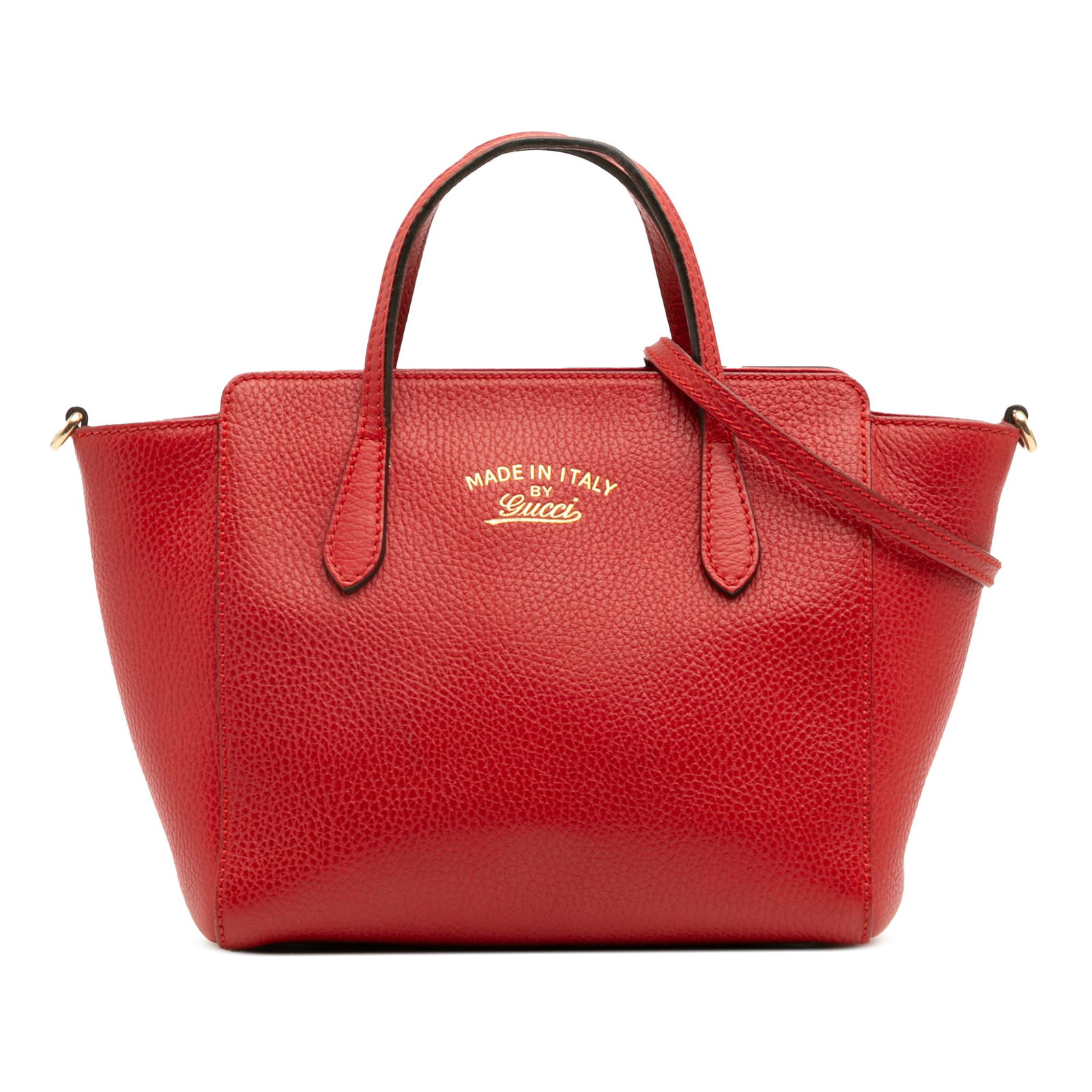Gucci Mini Leather Swing Satchel Red with Detachable Strap: Gucci Mini Leather Swing Satchel Red with Detachable Strap This Gucci Mini Leather Swing Satchel is a stylish and versatile accessory, crafted from premium leather. It features a structured body with