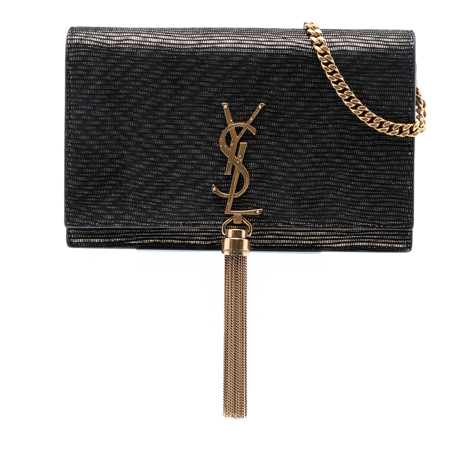 Black Suede Kate Tassel Wallet on Chain by Saint Laurent: Black Suede Kate Tassel Wallet on Chain by Saint Laurent This Saint Laurent Kate crossbody bag is crafted from black suede leather and features a detachable curb chain shoulder strap. The design