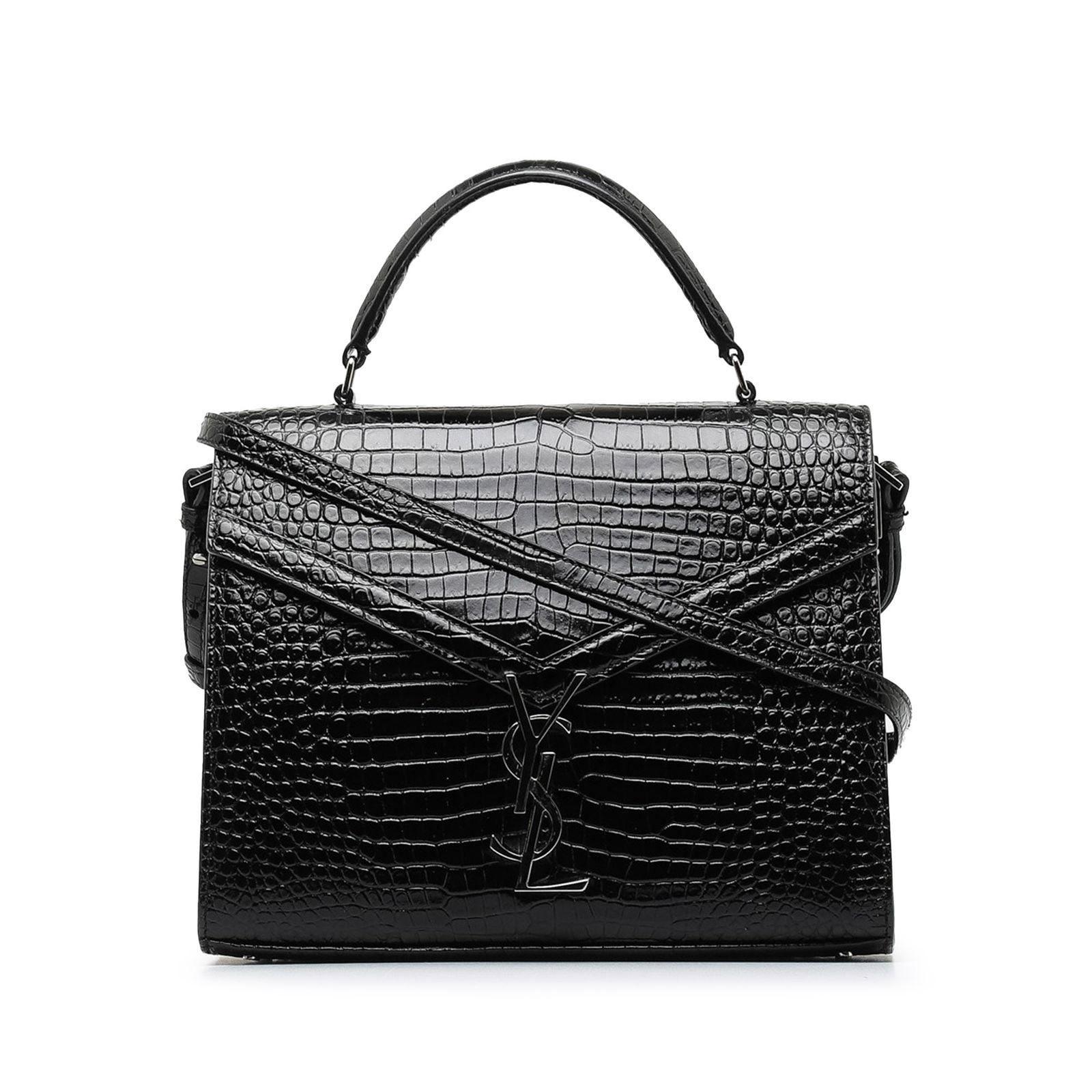 Saint Laurent Black Leather Crocodile Embossed Cassandra Top Handle Bag (1 of 11)