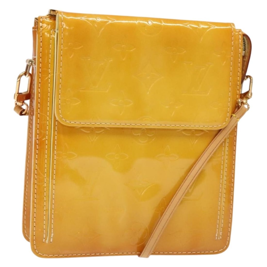LOUIS VUITTON Monogram Vernis Motto Pouch Lime Yellow M91059 Made in France: LOUIS VUITTON Monogram Vernis Motto Pouch Lime Yellow M91059 Made in France This LOUIS VUITTON Monogram Vernis Motto Pouch is a stylish accessory crafted from high-quality patent leather in a vibrant
