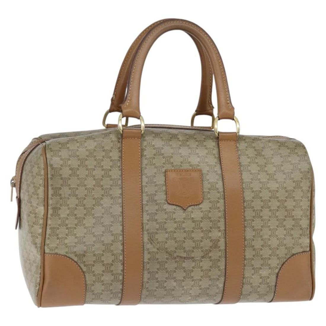 Vintage Macadam Pattern Travel Boston Bag by Celine in Beige: Vintage Macadam Pattern Travel Boston Bag by Celine in Beige This pre-owned Celine Vintage Macadam Boston bag features a beige design and is suitable for female users. The bag shows signs of use, incl