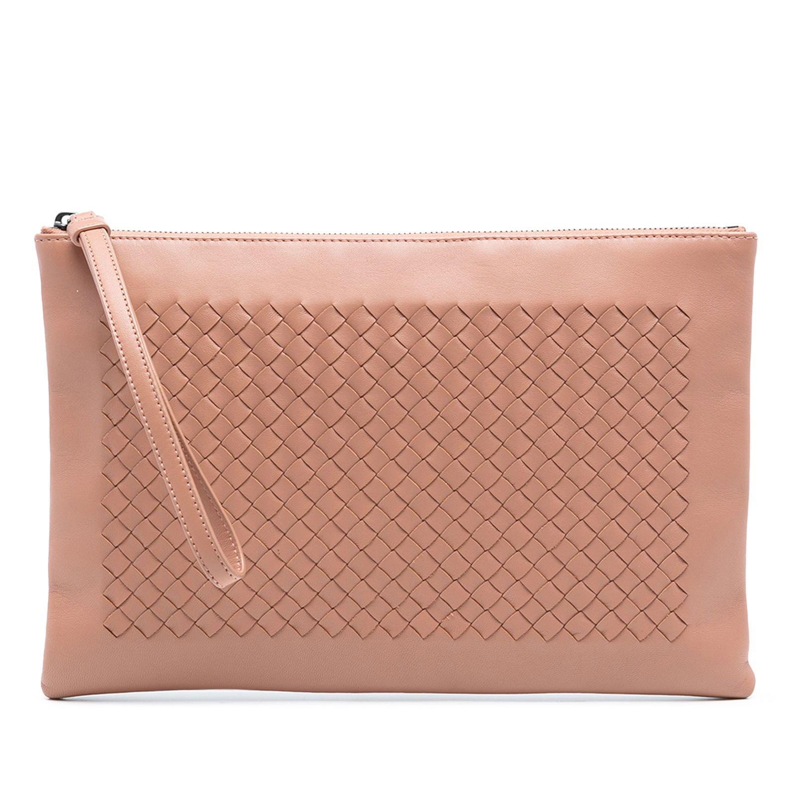 Brown Leather Wristlet Clutch Bottega Veneta Nappa Intrecciato Zip: Brown Leather Wristlet Clutch Bottega Veneta Nappa Intrecciato Zip This Bottega Veneta wristlet pouch features a woven nappa leather exterior in brown, complemented by a flat leather wrist strap and a