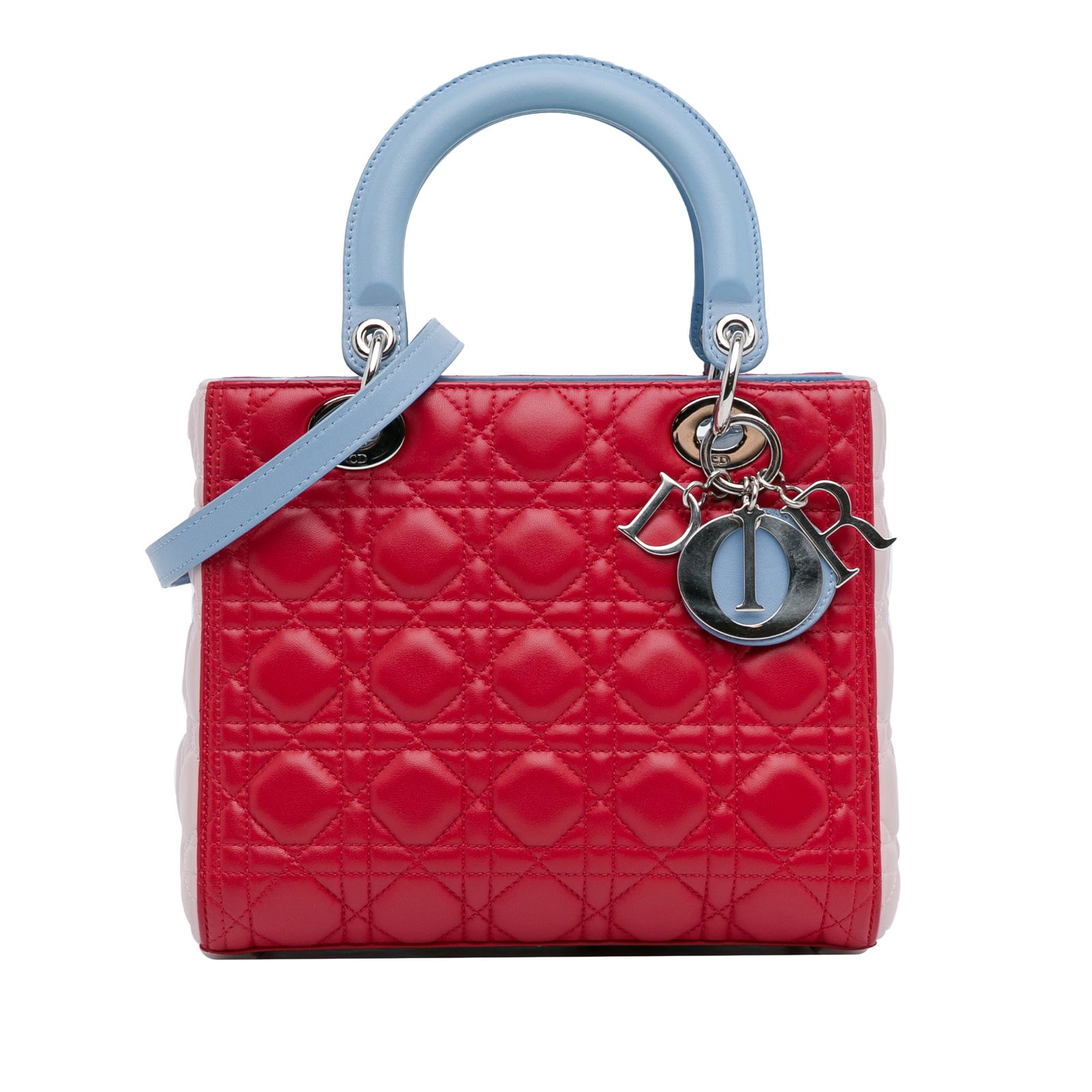 Dior Medium Tricolor Lambskin Cannage Handbag Red: Dior Medium Tricolor Lambskin Cannage Handbag Red Introducing the Medium Tricolor Lambskin Cannage Lady Dior, a stunning handbag crafted from luxurious lambskin leather. This elegant piece features fl