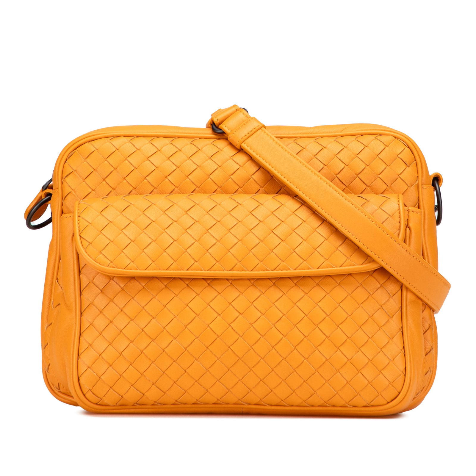 Bottega Veneta Yellow Nappa Intrecciato Messenger Bag with Flap Pocket: Bottega Veneta Yellow Nappa Intrecciato Messenger Bag with Flap Pocket This Bottega Veneta Nappa Intrecciato Front Pocket Messenger Bag showcases a luxurious woven nappa leather construction in a vibr