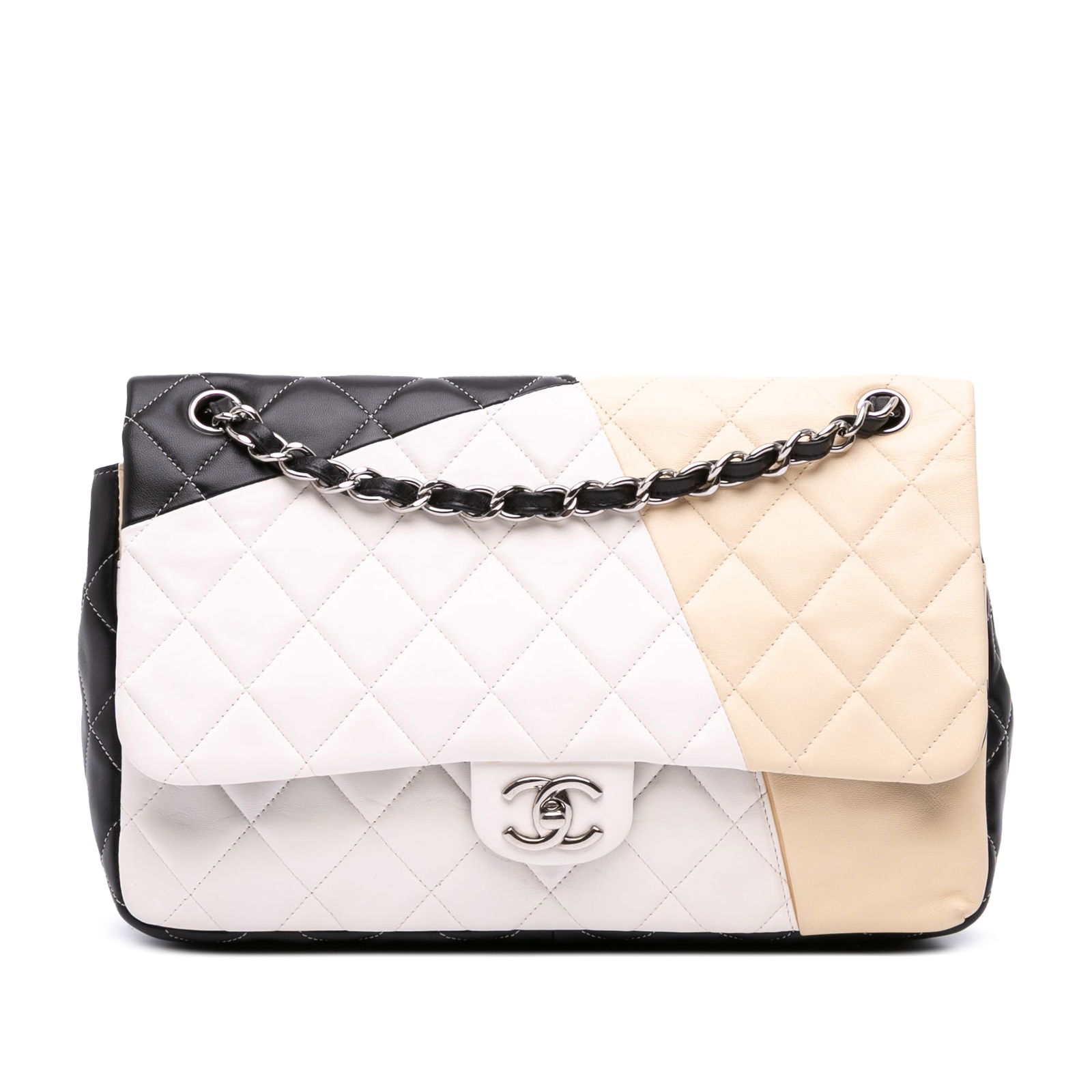 Chanel Jumbo Classic Tricolor Lambskin Double Flap Shoulder Bag: Chanel Jumbo Classic Tricolor Lambskin Double Flap Shoulder Bag Introducing the Chanel Jumbo Classic Tricolor Lambskin Colorblock Double Flap shoulder bag, a luxurious accessory crafted from quilted l