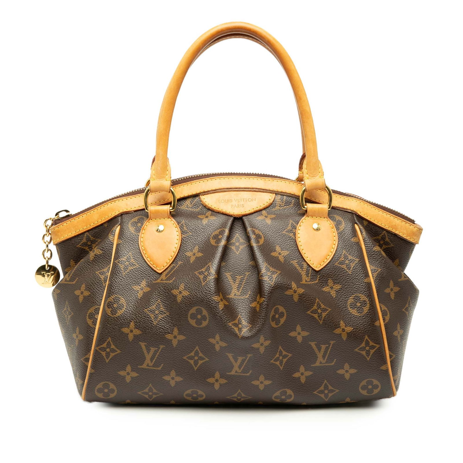 Louis Vuitton Monogram Tivoli PM Bag with Vachetta Trim: Louis Vuitton Monogram Tivoli PM Bag with Vachetta Trim The Louis Vuitton Monogram Tivoli PM is a stylish handbag crafted from durable monogram canvas with elegant vachetta leather trim. It features r