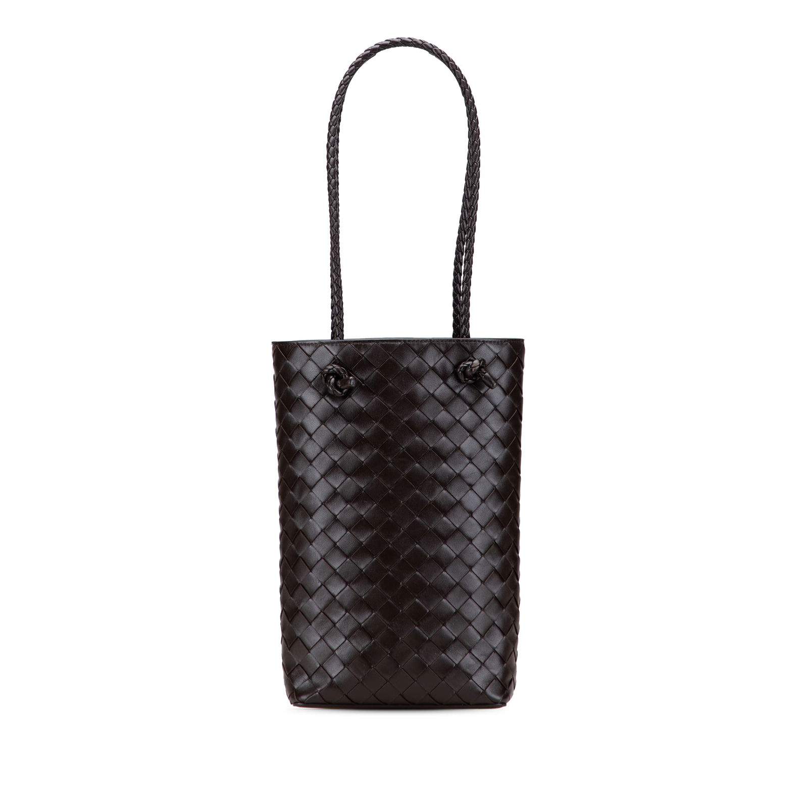 Bottega Veneta Brown Mini Nappa Intrecciato Tote Bag: Bottega Veneta Brown Mini Nappa Intrecciato Tote Bag This Bottega Veneta Mini Nappa Intrecciato Tote is crafted from luxurious woven leather, featuring braided top handles and an open top design for e