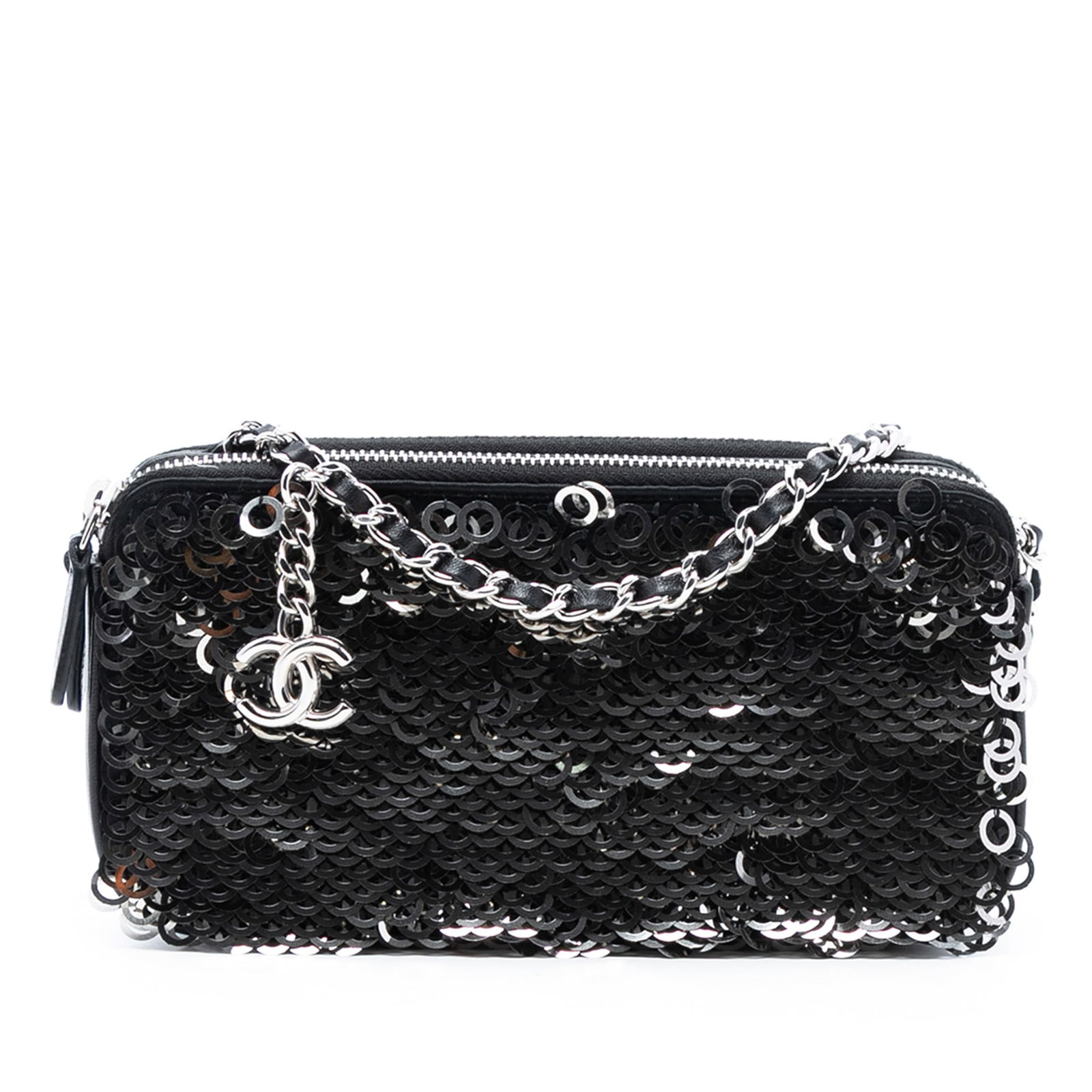 Chanel Double Zip Wallet on Chain Sequin Calfskin Crossbody Bag: Chanel Double Zip Wallet on Chain Sequin Calfskin Crossbody Bag This Chanel CC Calfskin and Sequin Double Zip Wallet on Chain features a black sequin-embellished leather exterior, a chain link strap,