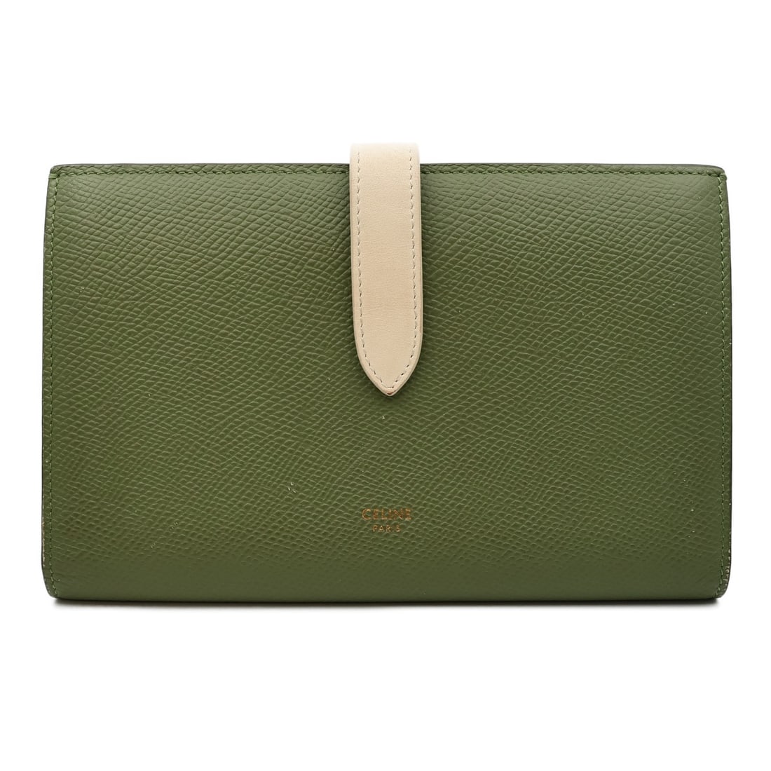 CELINE Large Green Calfskin Leather Bifold Wallet: CELINE Large Green Calfskin Leather Bifold Wallet This CELINE Large Strap Wallet is a stylish bifold purse crafted from premium calfskin leather in a vibrant green hue. Designed for everyday use, it f