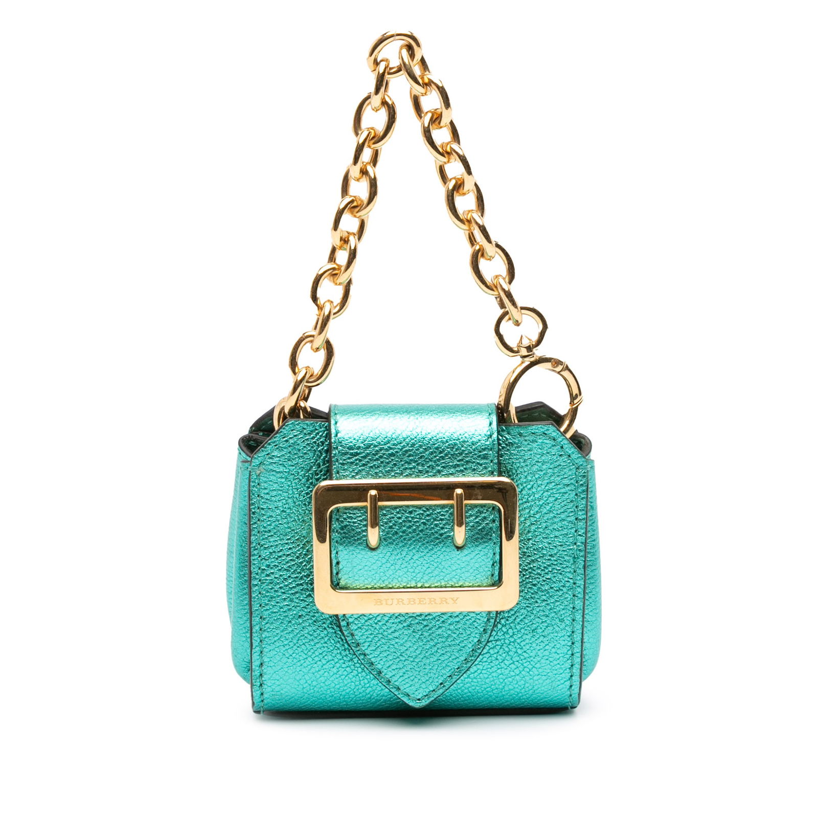 Burberry Mini Metallic Calfskin Buckle Charm Handbag Green Leather: Burberry Mini Metallic Calfskin Buckle Charm Handbag Green Leather Elevate your style with the Burberry Mini Metallic Calfskin Buckle Charm Handbag. This exquisite handbag showcases a luxurious metall