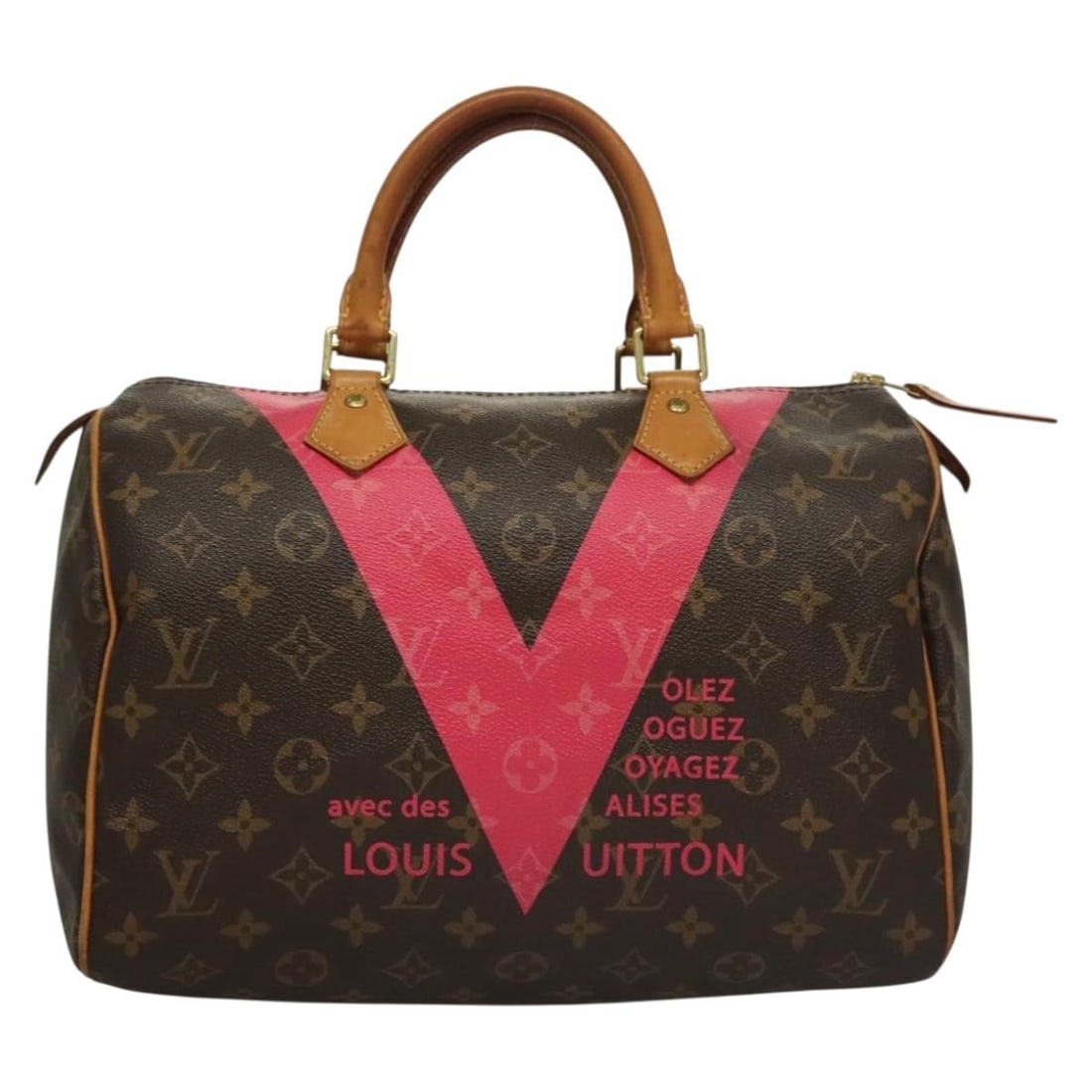 Louis Vuitton Speedy Pink Bag with Leather Trim: Louis Vuitton Speedy Pink Bag with Leather Trim This Louis Vuitton Speedy handbag in pink features a classic design with a feminine touch. The bag shows some signs of use, including loss of shape and