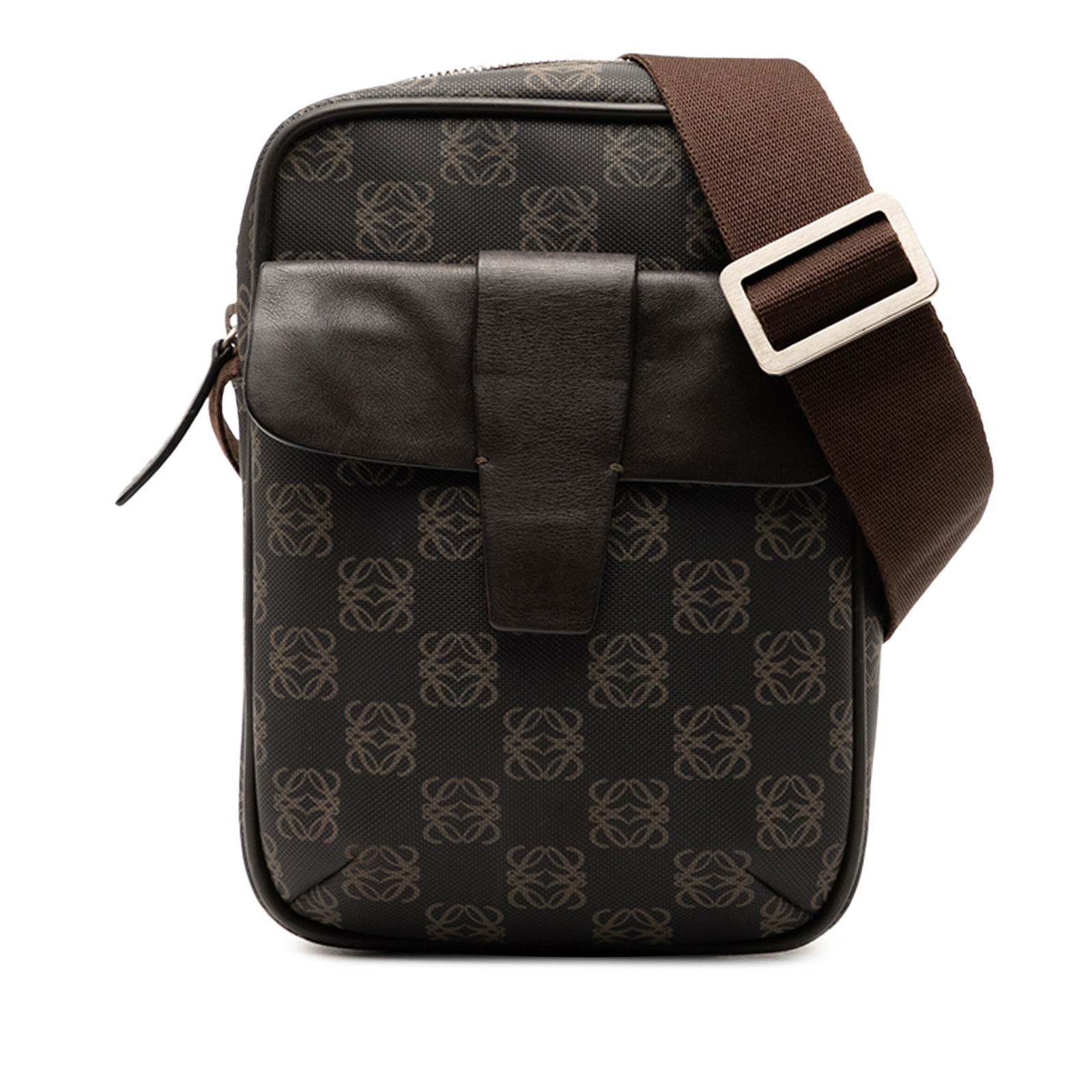 Loewe Anagram Brown Coated Canvas Adjustable Strap Crossbody Bag: Loewe Anagram Brown Coated Canvas Adjustable Strap Crossbody Bag This LOEWE Anagram crossbody bag features a coated canvas body with brown coloring, an adjustable flat leather shoulder strap, a top zi