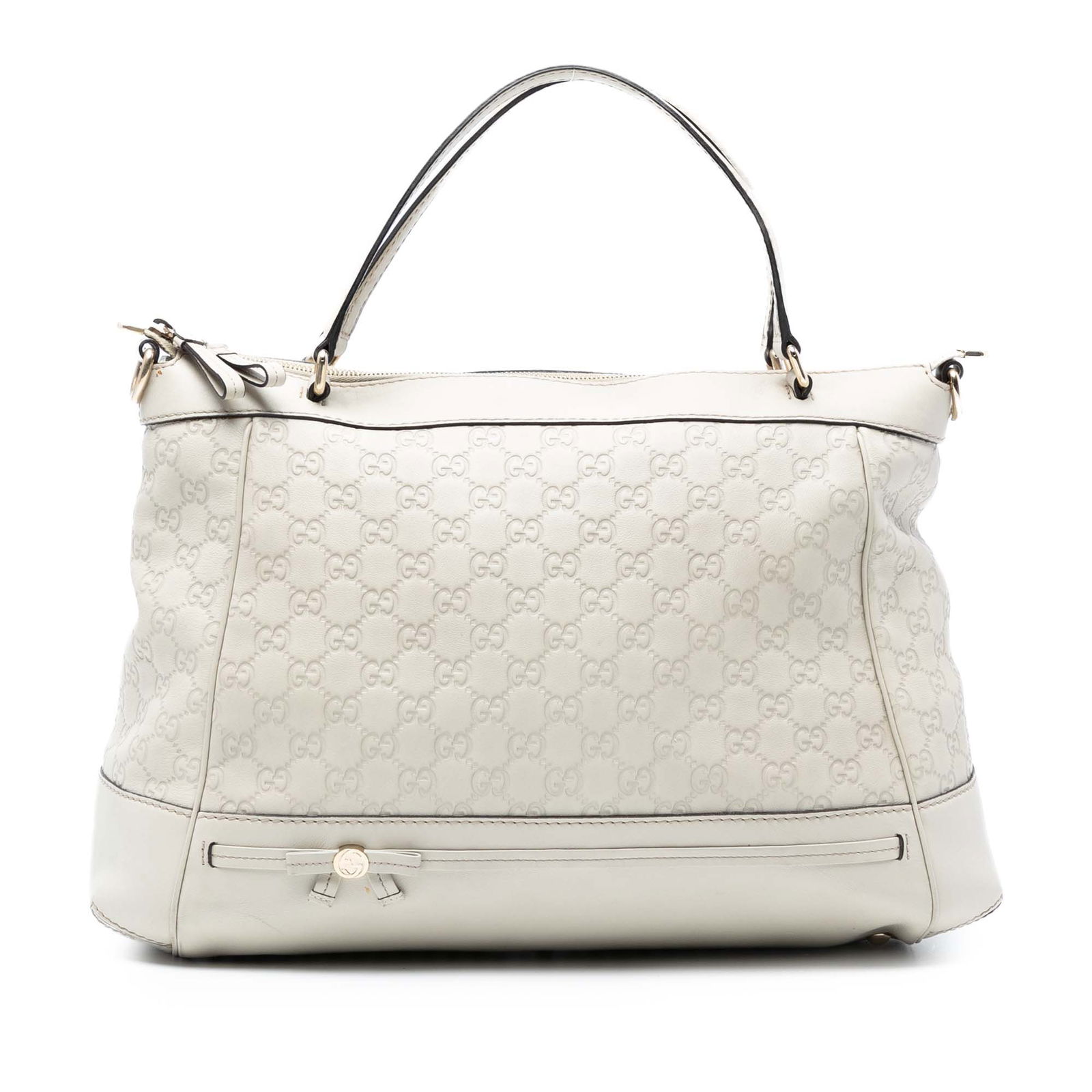Gucci Guccissima Mayfair White Leather Satchel Bag: Gucci Guccissima Mayfair White Leather Satchel Bag This Guccissima Mayfair Satchel by Gucci showcases an elegant white leather body complemented by flat leather handles and a detachable flat leather s