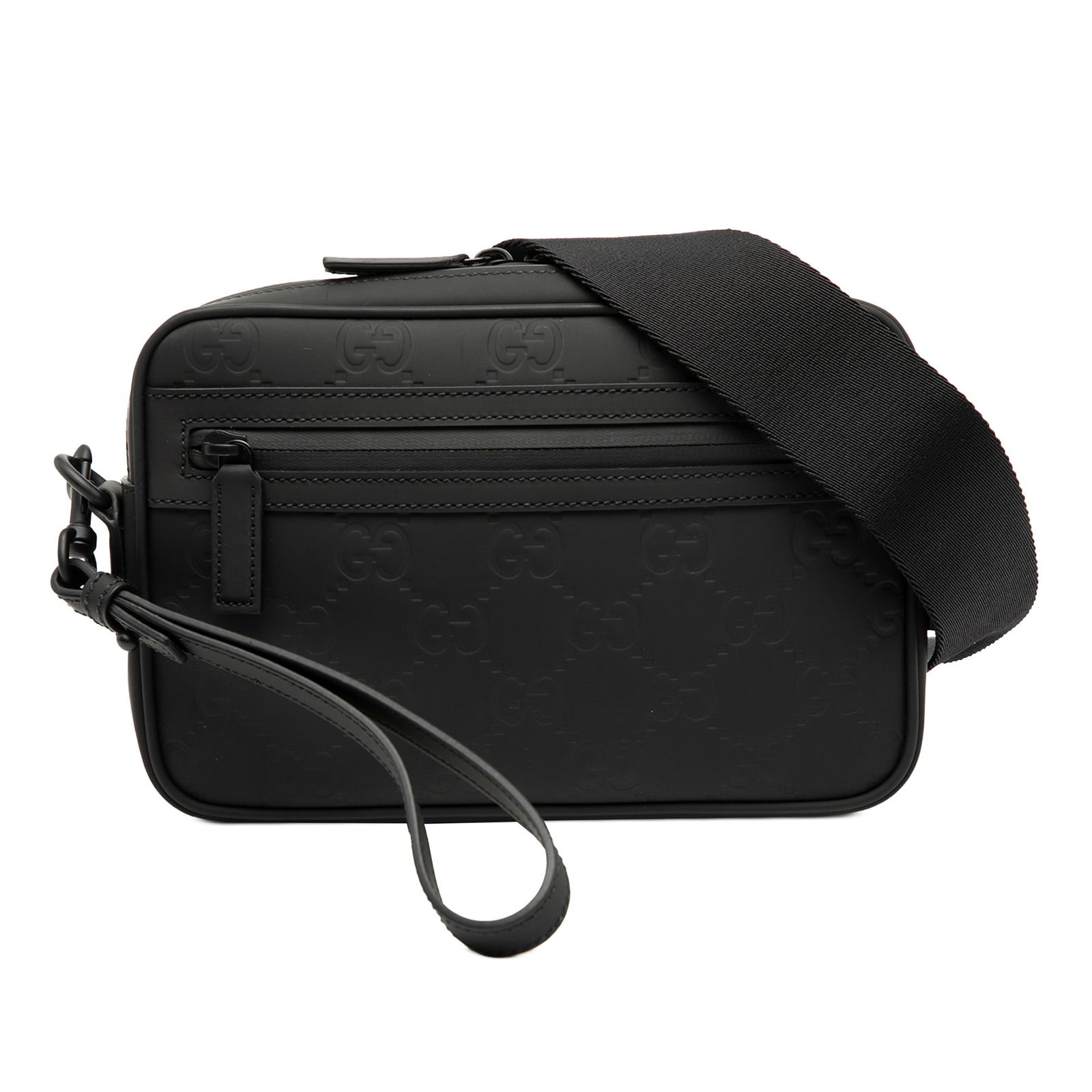 Gucci GG Black Leather Crossbody Bag with Detachable Straps: Gucci GG Black Leather Crossbody Bag with Detachable Straps This Gucci GG Rubber Effect Leather Crossbody bag is crafted from black leather and features a versatile design with a detachable wrist stra