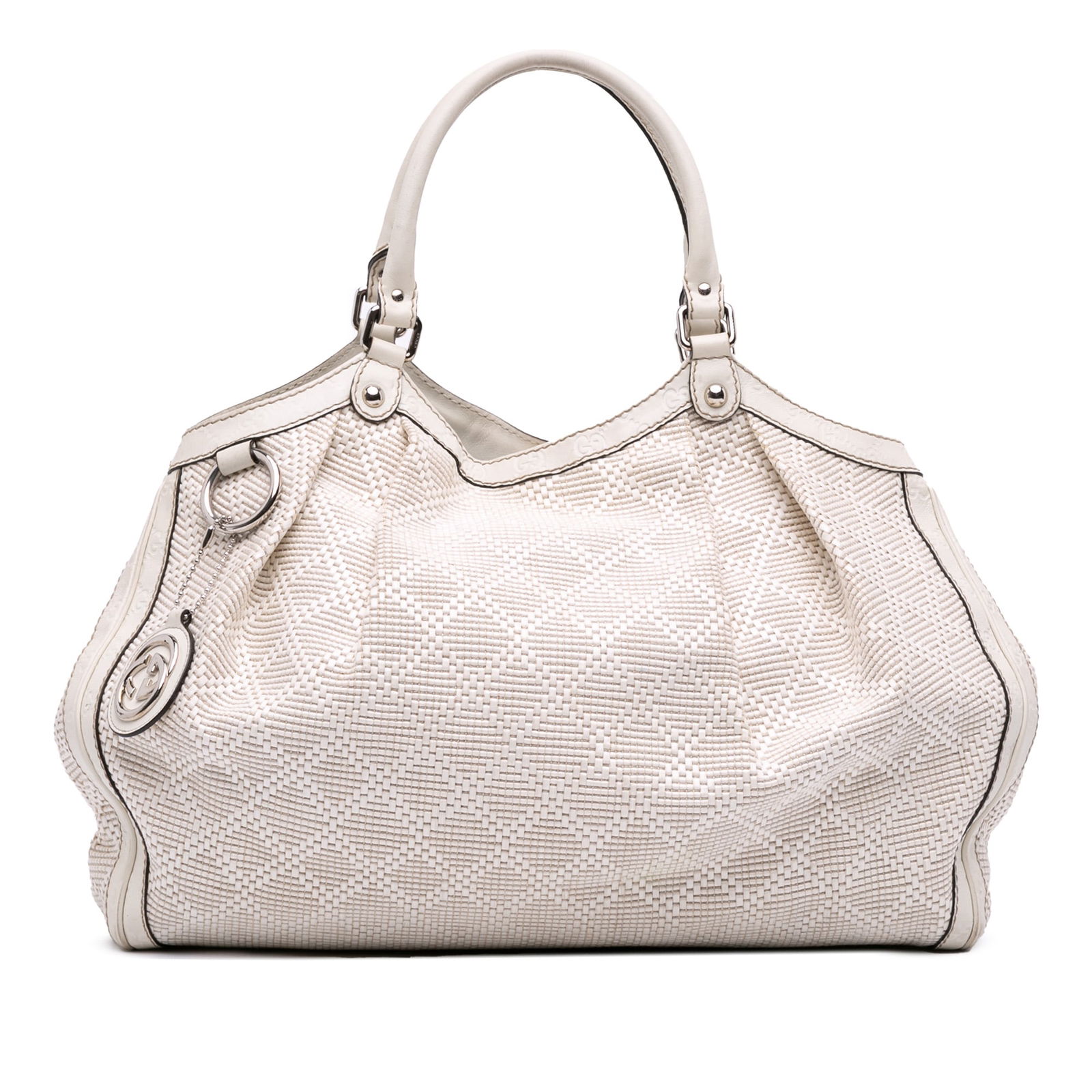 Gucci Large Diamante Raffia Sukey Tote Bag White Italy: Gucci Large Diamante Raffia Sukey Tote Bag White Italy The Gucci Large Diamante Raffia Sukey Tote combines elegance and functionality with its chic raffia body and leather trim. This stylish tote feat