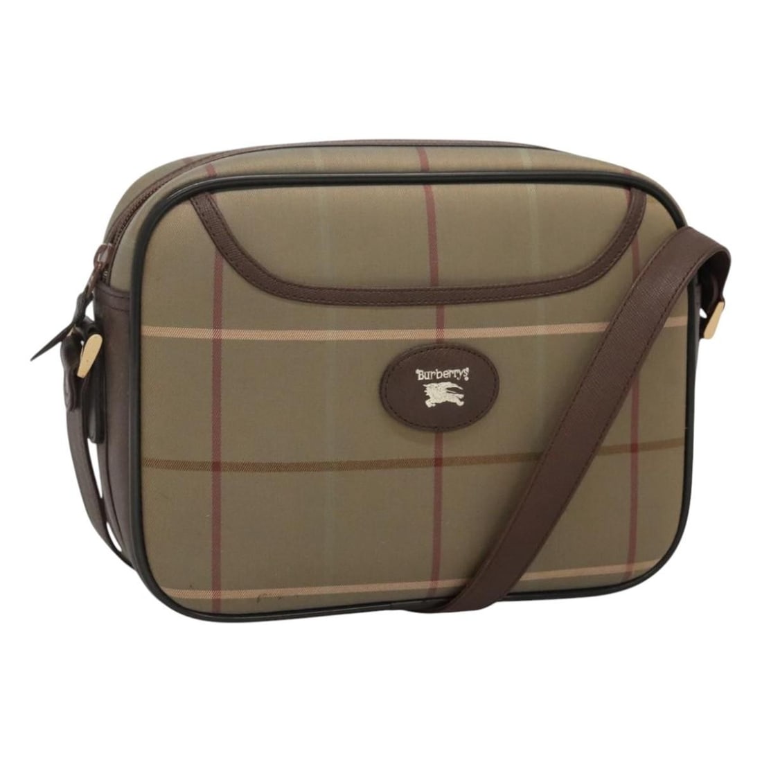 Beige Shoulder Bag with Nova Check Pattern by Burberry: Beige Shoulder Bag with Nova Check Pattern by Burberry This Burberry Nova check shoulder bag features a beige exterior with the iconic pattern and leather accents. The bag shows signs of rubbing, ligh