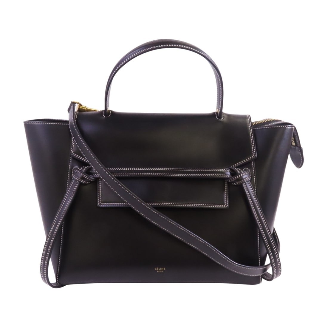 CELINE Mini Belt Bag Black Calfskin Leather 2way Shoulder Bag: CELINE Mini Belt Bag Black Calfskin Leather 2way Shoulder Bag Introducing the CELINE Mini Belt Bag, a luxurious 2-way shoulder bag crafted from premium black calfskin leather. This stylish handbag fea