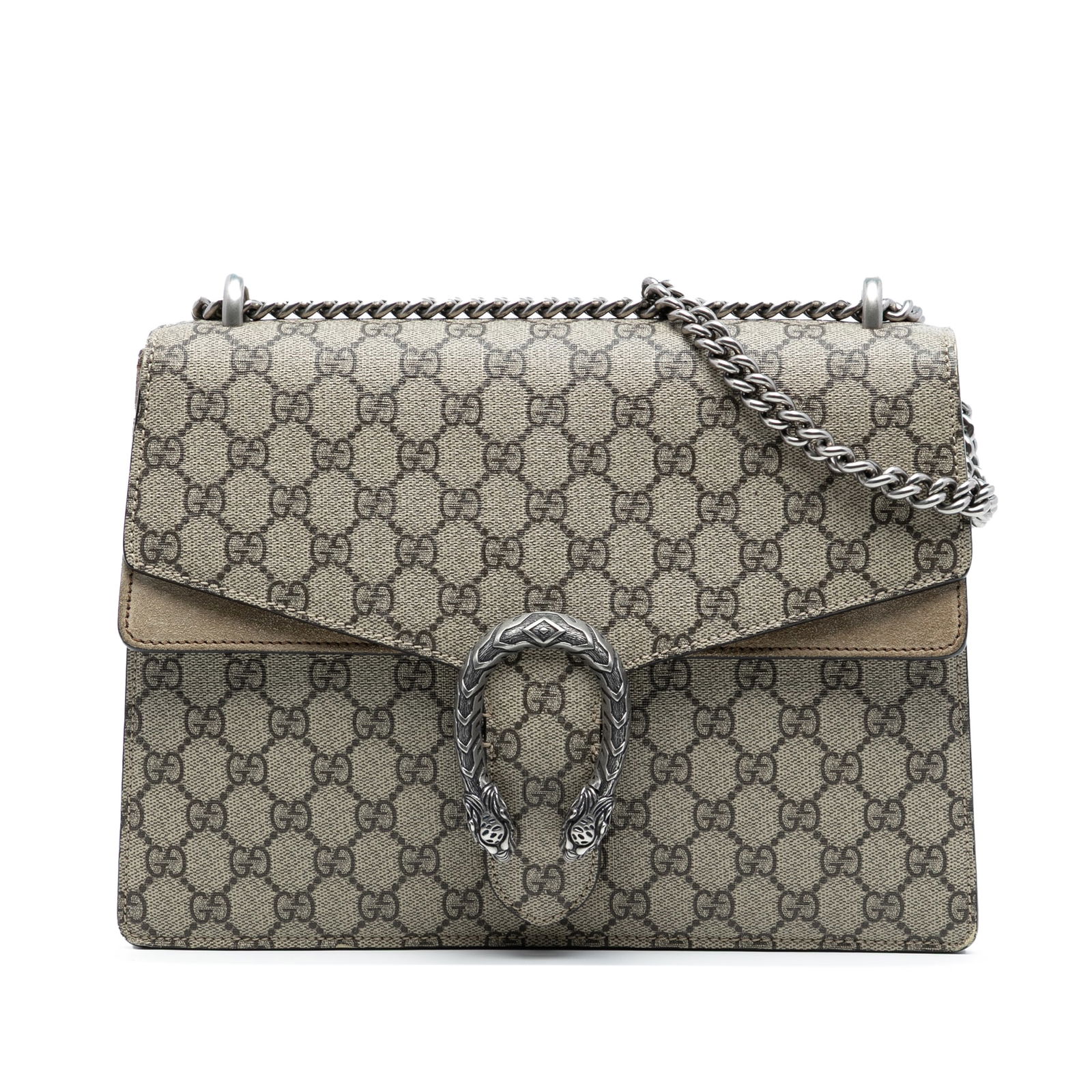 Gucci Dionysus GG Supreme Medium Canvas Shoulder Bag with Suede Trim: Gucci Dionysus GG Supreme Medium Canvas Shoulder Bag with Suede Trim This Gucci Medium GG Supreme Dionysus Shoulder Bag features a coated canvas body with suede trim, a silver-tone chain strap, a top
