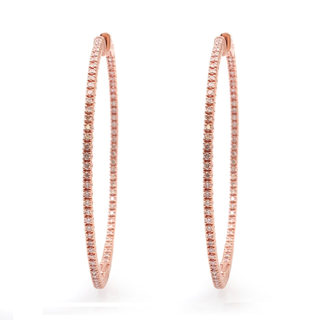 Rachel Koen 14K Rose Gold Inside Out Diamond Hoop Earrings 2 inches 1.65cttw: Rachel Koen 14K Rose Gold Inside Out Diamond Hoop Earrings 2 inches 1.65cttw These stunning Inside Out Diamond Hoop Earrings are crafted from 14K rose gold, exuding elegance and sophistication. Measur