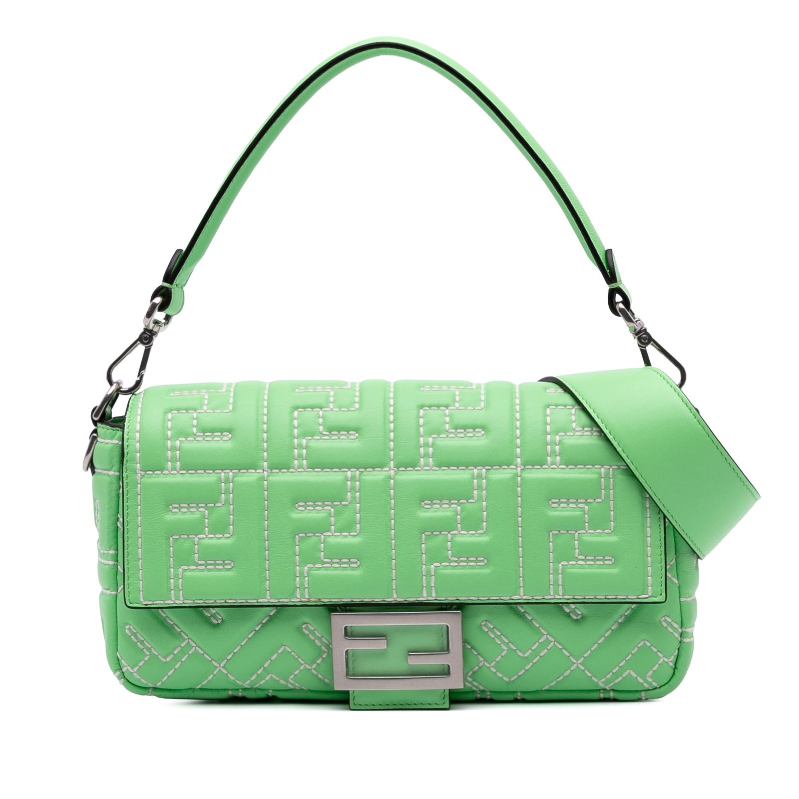 Fendi Zucca Green Leather Baguette Satchel with Strap: Fendi Zucca Green Leather Baguette Satchel with Strap This Fendi Zucca Embossed Stitched Leather Baguette Satchel showcases a chic design with an embossed leather body, perfect for stylish carry. It f