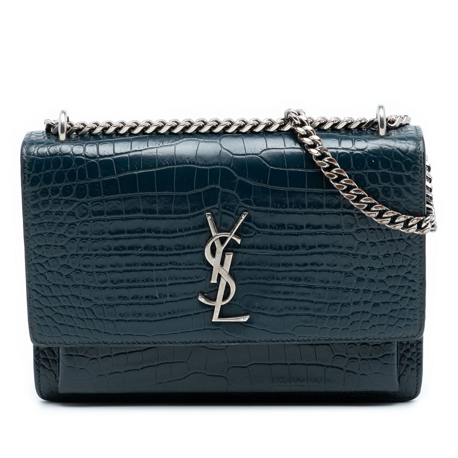 Blue Leather Saint Laurent Sunset Croc Embossed Medium Crossbody Bag: Blue Leather Saint Laurent Sunset Croc Embossed Medium Crossbody Bag This Saint Laurent Medium Croc Embossed Leather Monogram Sunset Crossbody bag features a blue embossed leather body, a curb chain s