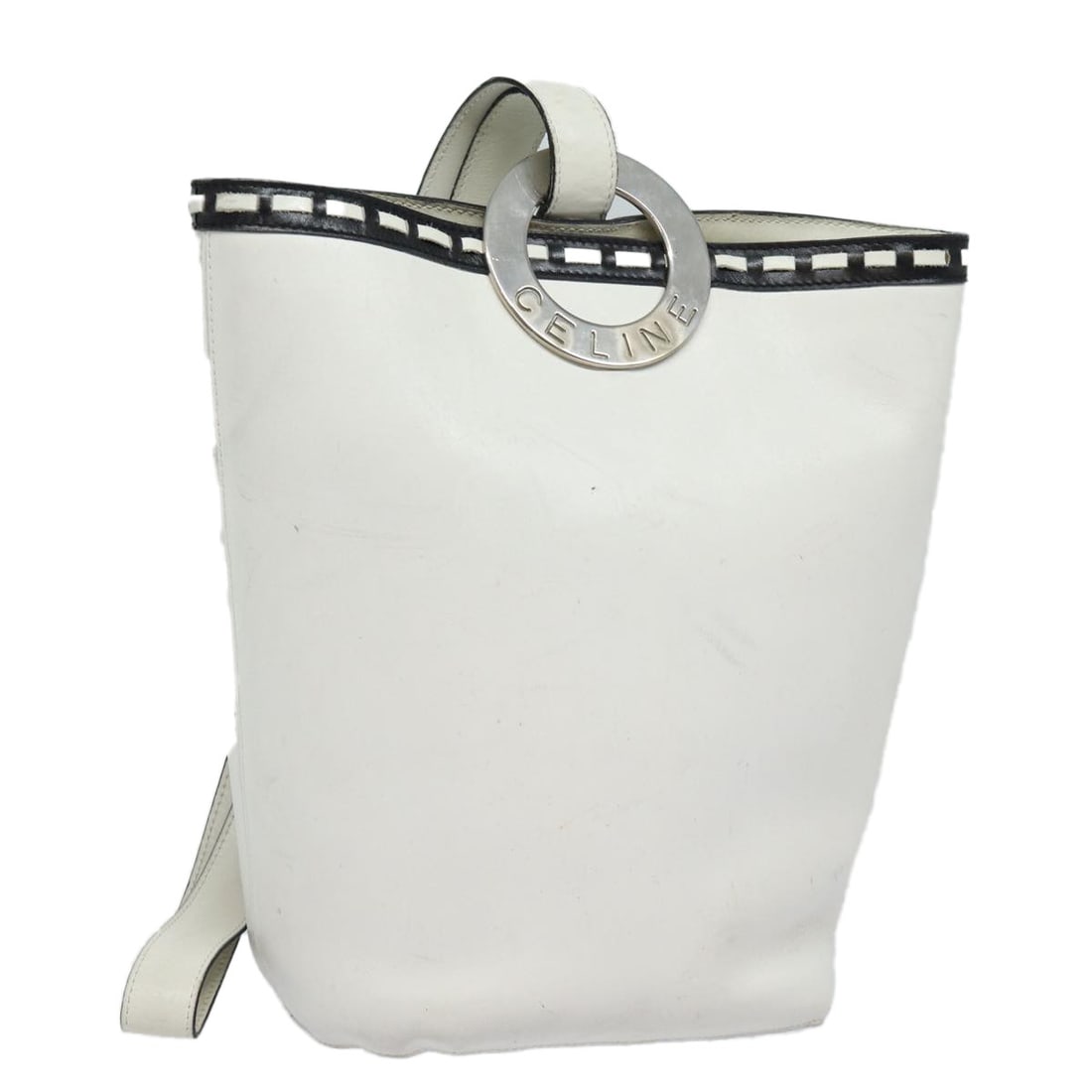 Celine White Circle Logo Shoulder Bag: Celine White Circle Logo Shoulder Bag This Celine shoulder bag features a white exterior with the signature circle logo design. The bag is designed for female use and has visible signs of wear includi