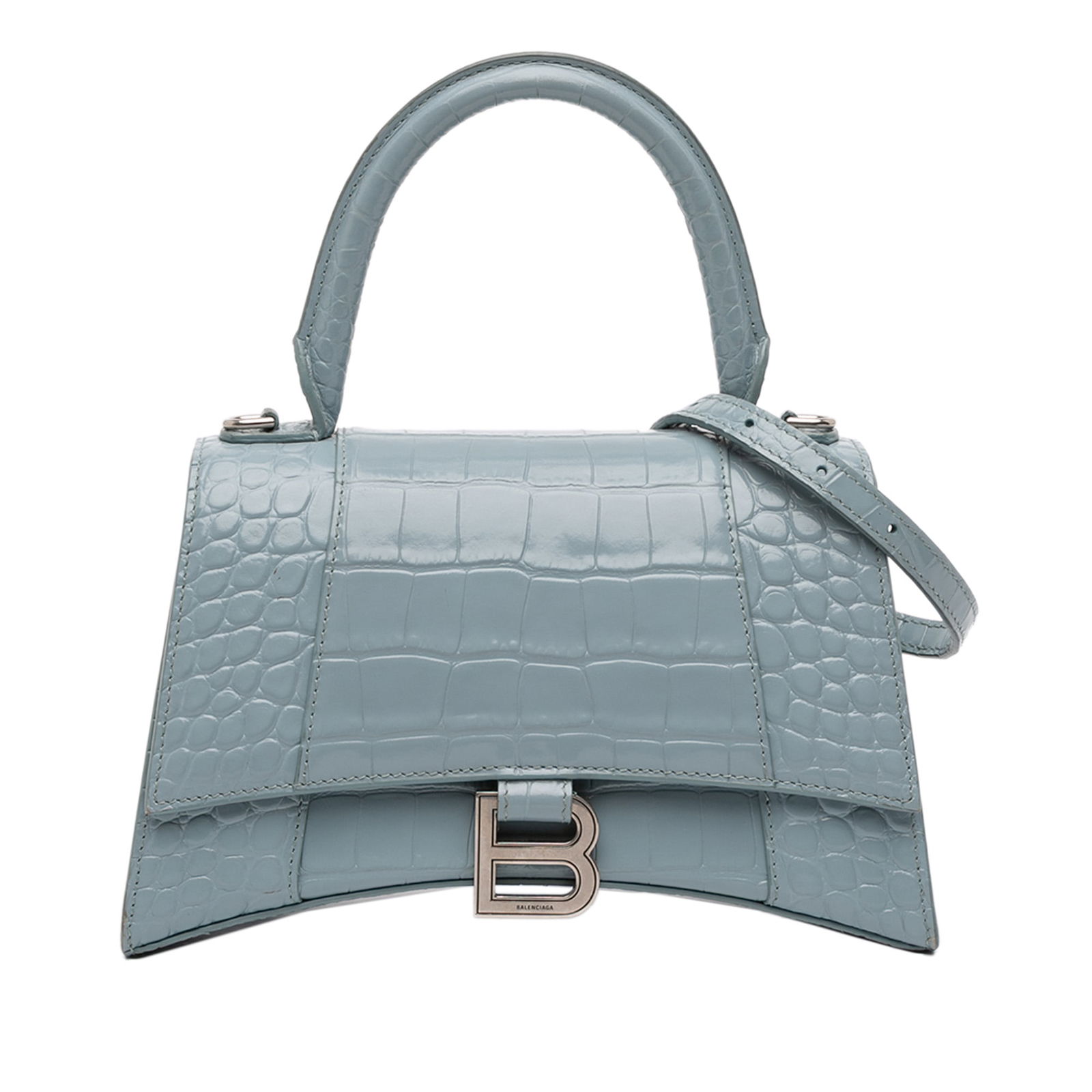 Balenciaga Hourglass Small Blue Croc Embossed Leather Top Handle Bag: Balenciaga Hourglass Small Blue Croc Embossed Leather Top Handle Bag This Balenciaga Small Croc Embossed Hourglass Top Handle Bag features a blue embossed leather exterior, a rolled top handle, and a