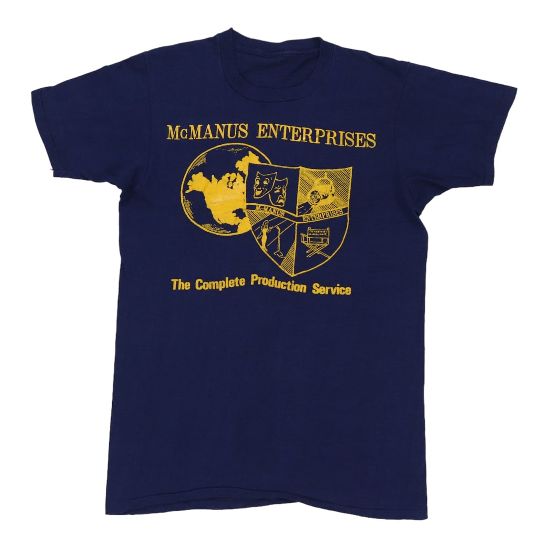 1970s Vintage McManus Enterprises Production Service Shirt Blue: 1970s Vintage McManus Enterprises Production Service Shirt Blue Discover a genuine vintage 1970s McManus Enterprises Complete Production Service Shirt, a unique piece that embodies the style of its er