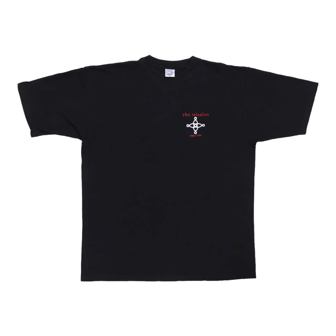 Vintage 1996 The Mission Tour Black Cotton Shirt: Vintage 1996 The Mission Tour Black Cotton Shirt This original vintage 1996 The Mission Tour shirt is a must-have for any fan. Made from 100% cotton, this black shirt features striking front and back