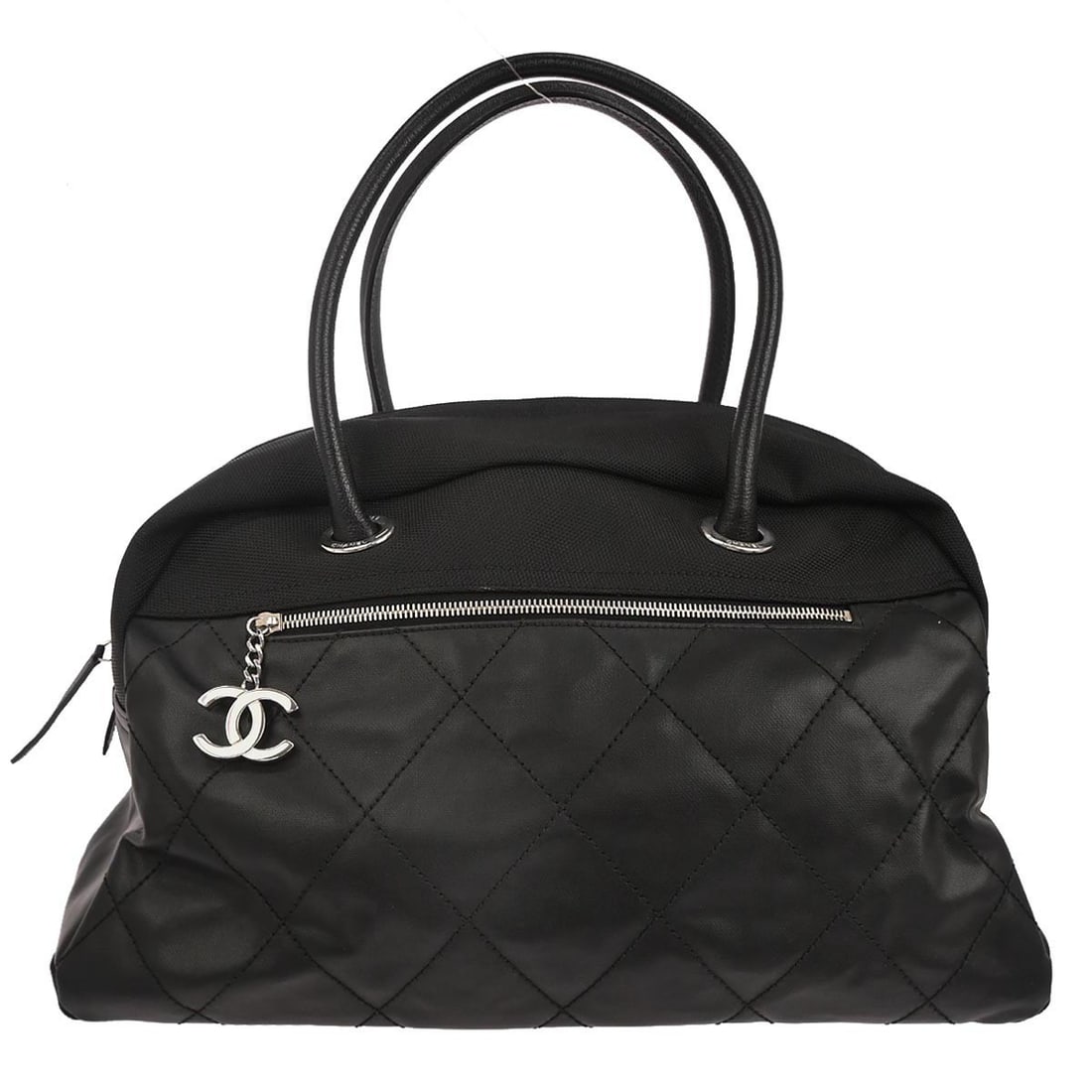 Paris-Biarritz Large Black Leather Duffle by Chanel with Double Handles: Paris-Biarritz Large Black Leather Duffle by Chanel with Double Handles This Chanel Paris-Biarritz duffle handbag features a black leather and canvas exterior with the iconic logo accents. Designed fo
